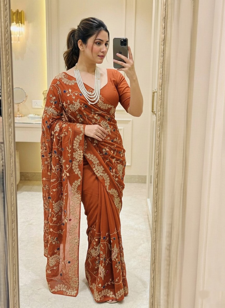 Rust Rangoli Silk Designer Saree with Blouse