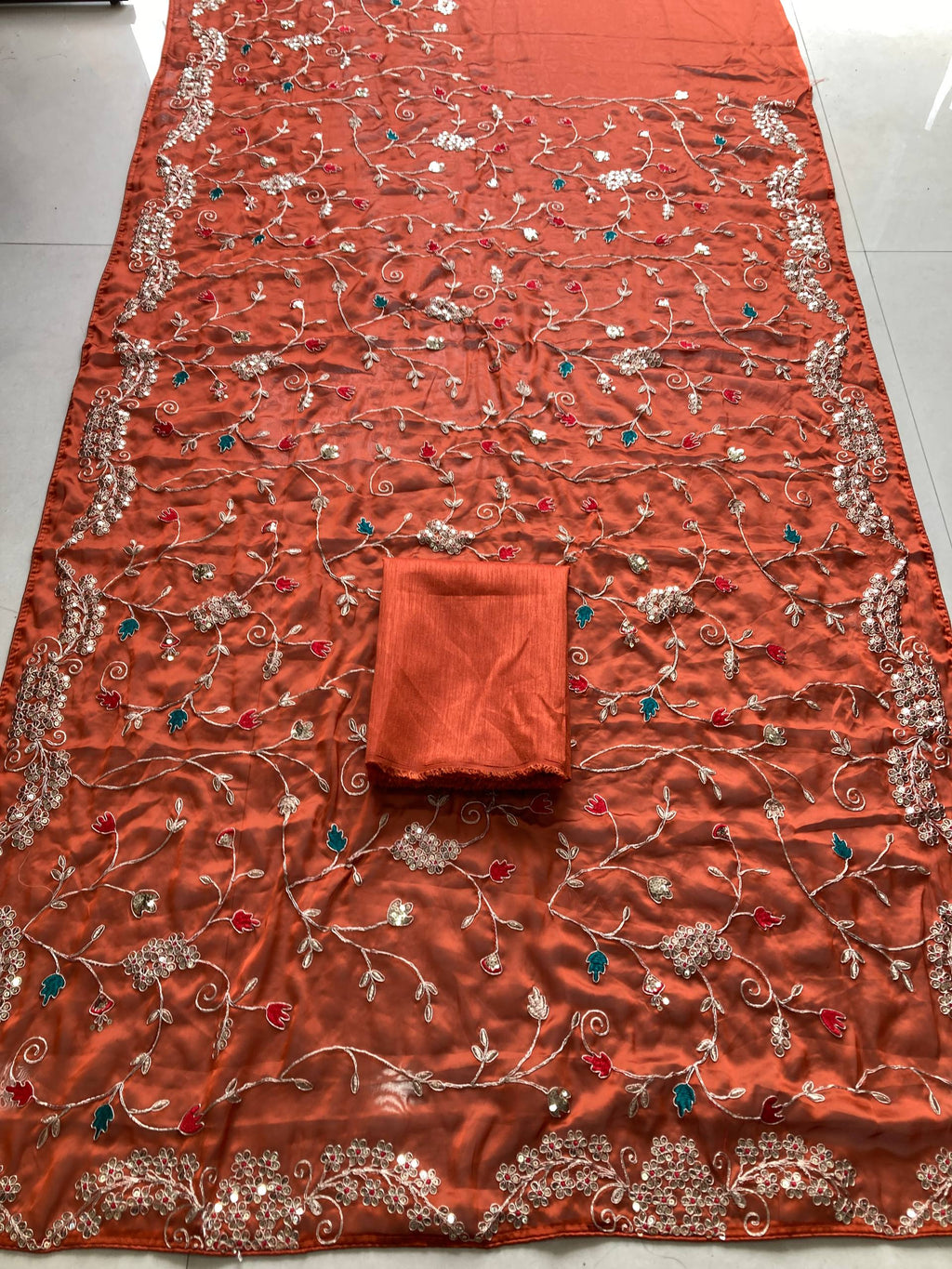 Rust Rangoli Silk Designer Saree with Blouse