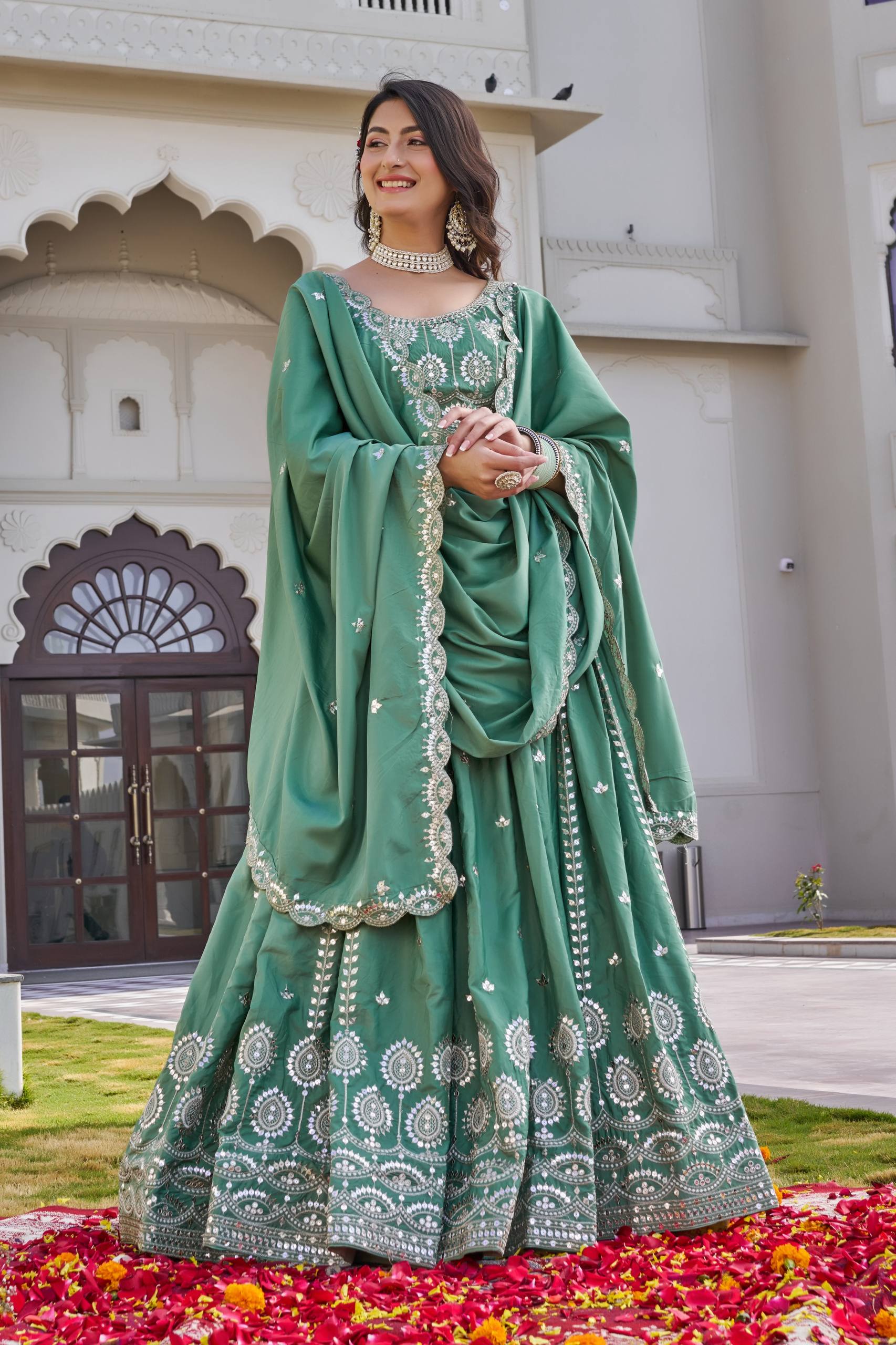 Pista Green Crepe Silk Festival Lehenga Choli Set with Dupatta [3 PCS]