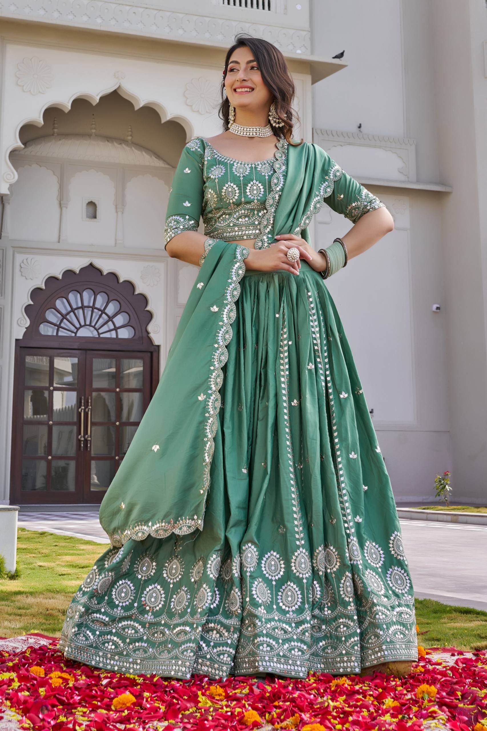 Pista Green Crepe Silk Festival Lehenga Choli Set with Dupatta [3 PCS]