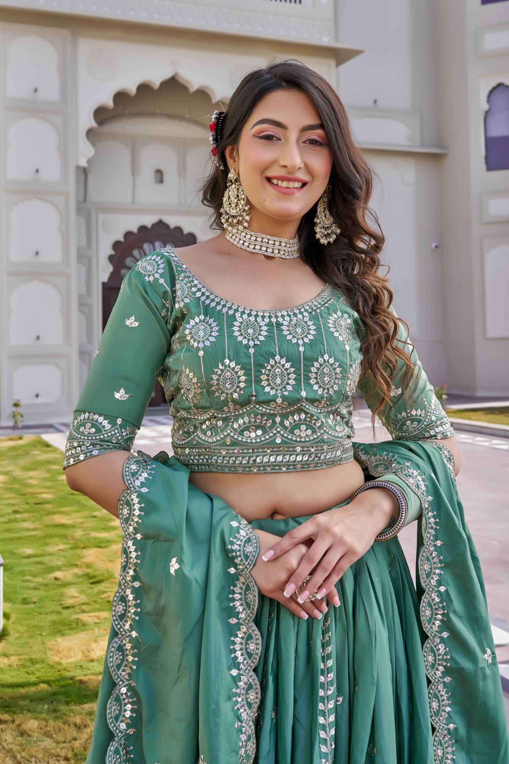Pista Green Crepe Silk Festival Lehenga Choli Set with Dupatta [3 PCS]