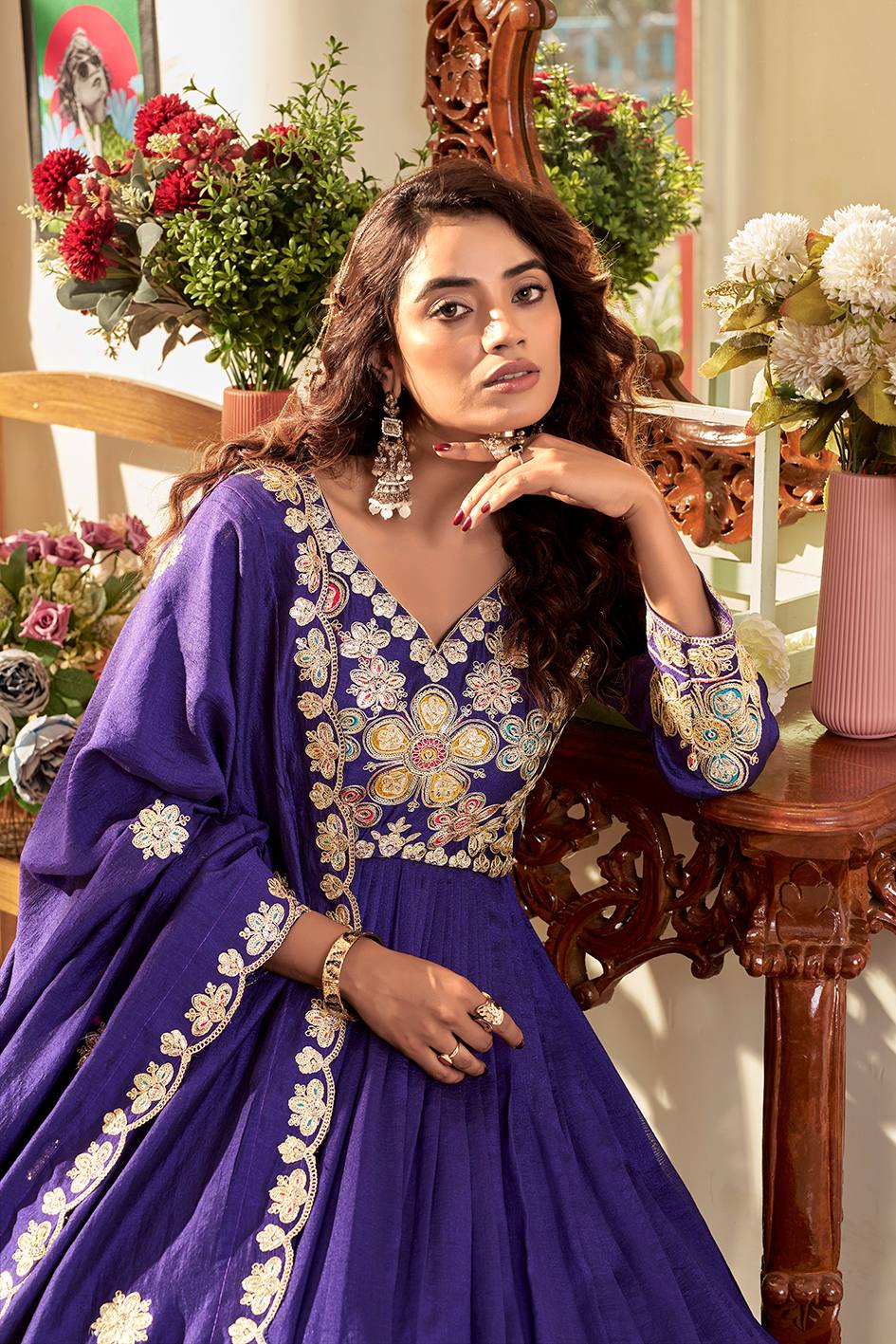 Blue Vichitra Sequins Embroidered Festival Gown Set with Dupatta [2 PCS]