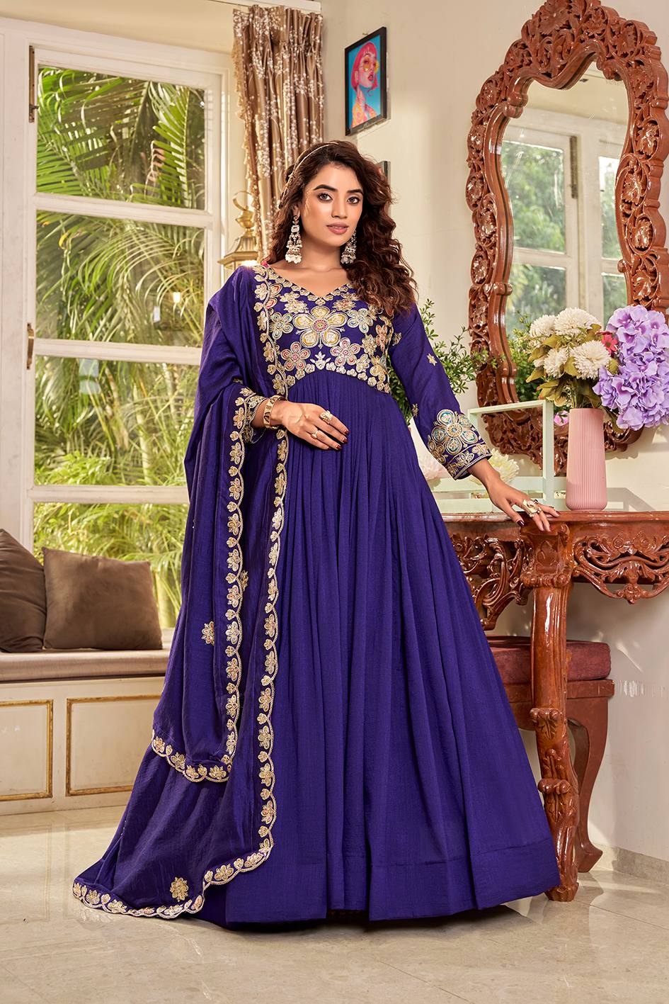 Blue Vichitra Sequins Embroidered Festival Gown Set with Dupatta [2 PCS]