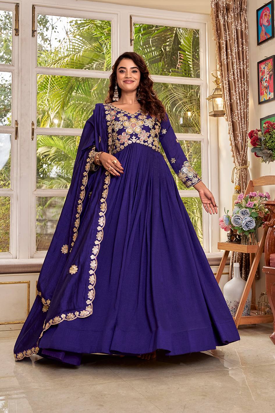 Blue Vichitra Sequins Embroidered Festival Gown Set with Dupatta [2 PCS]