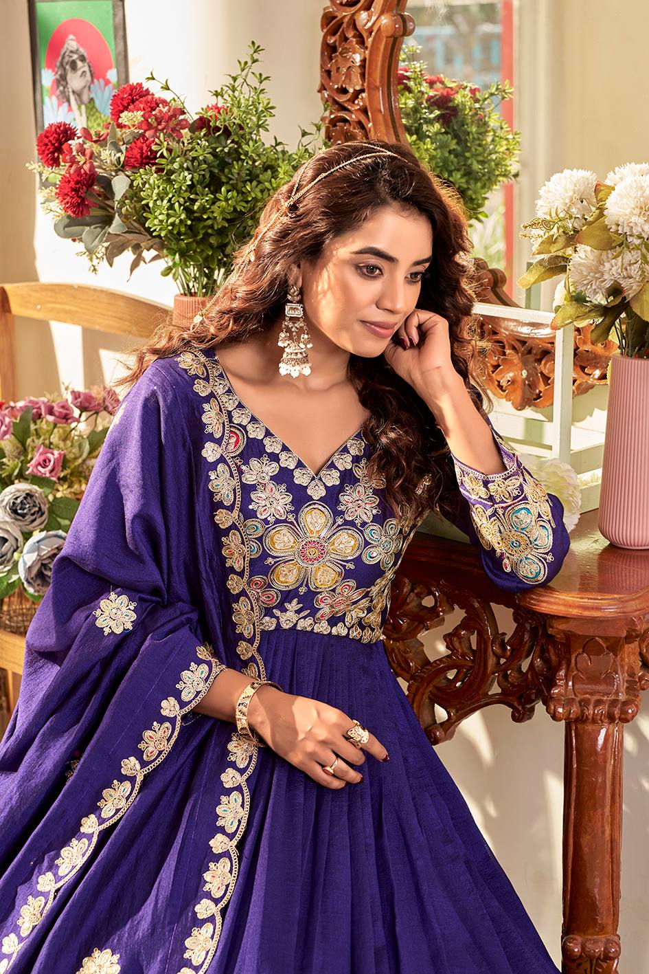 Blue Vichitra Sequins Embroidered Festival Gown Set with Dupatta [2 PCS]