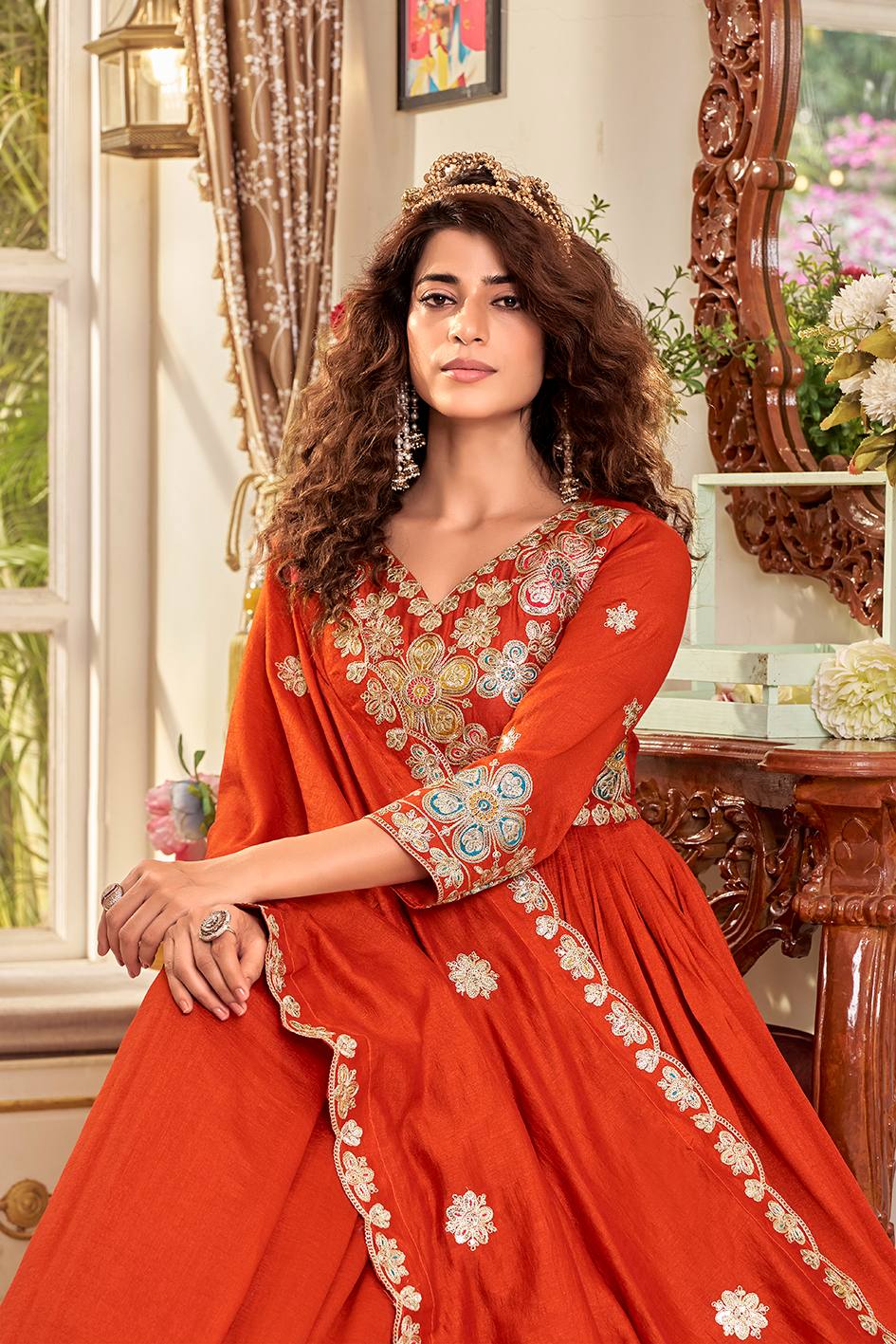Vichitra Sequins Embroidered Festival Gown Set with Dupatta [2 PCS]