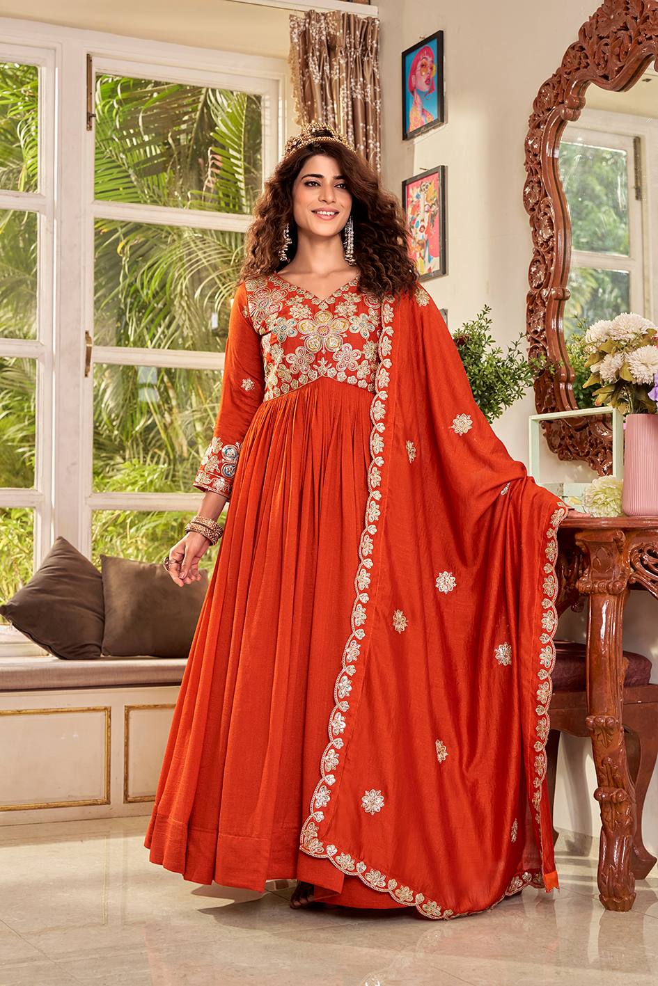 Vichitra Sequins Embroidered Festival Gown Set with Dupatta [2 PCS]