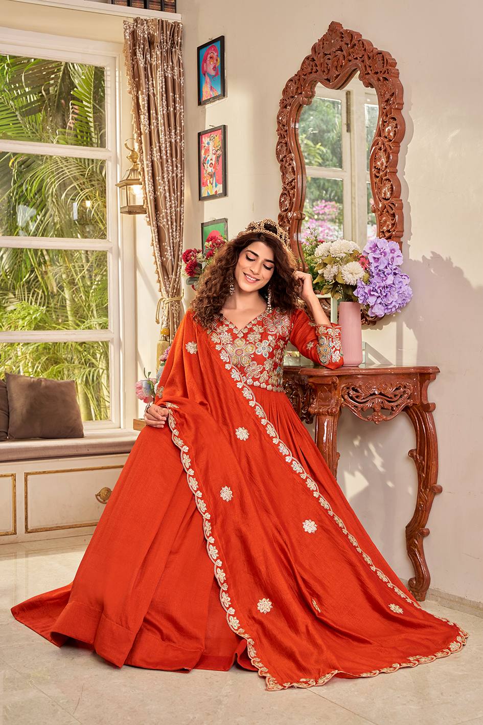 Vichitra Sequins Embroidered Festival Gown Set with Dupatta [2 PCS]