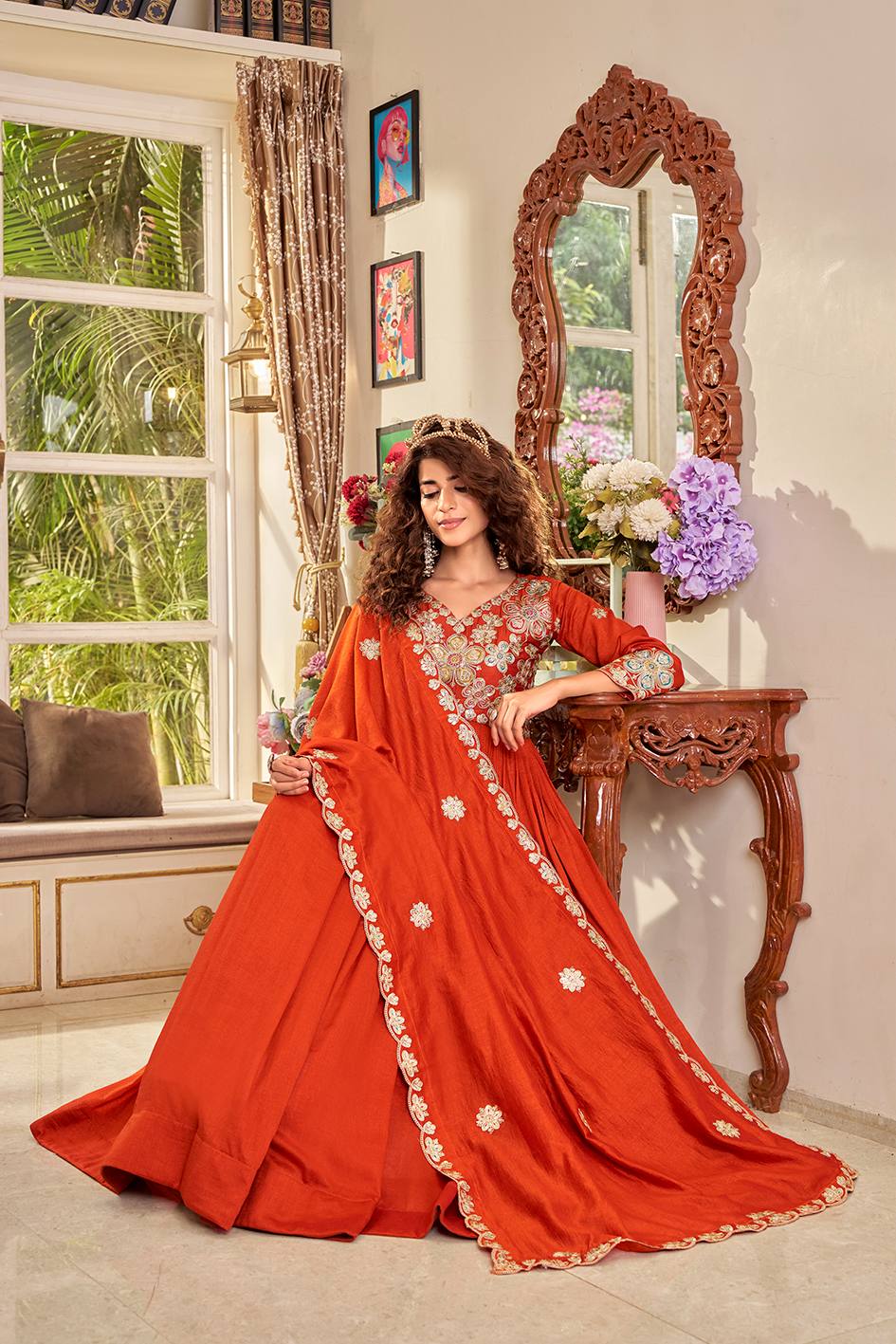 Vichitra Sequins Embroidered Festival Gown Set with Dupatta [2 PCS]