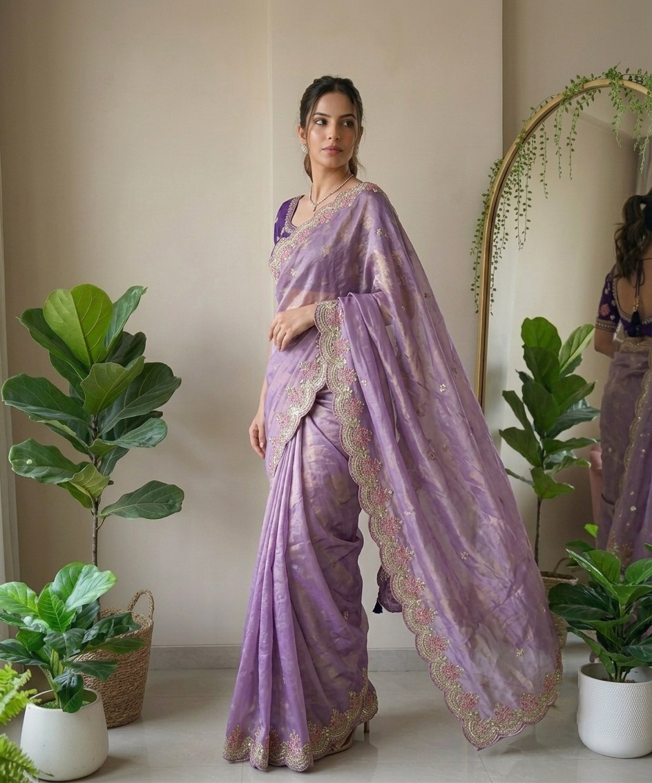 Lavender Fendy Satin Silk Saree with Blouse