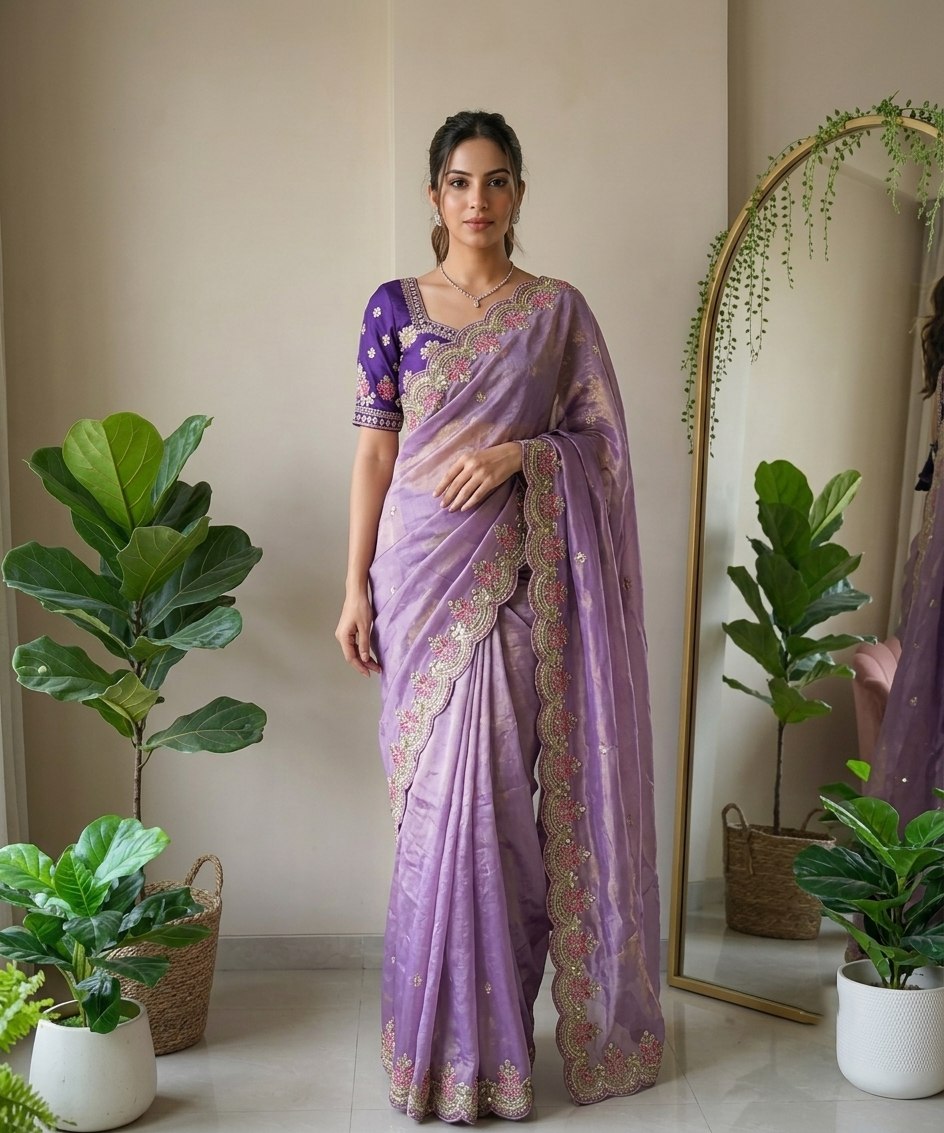 Lavender Fendy Satin Silk Saree with Blouse