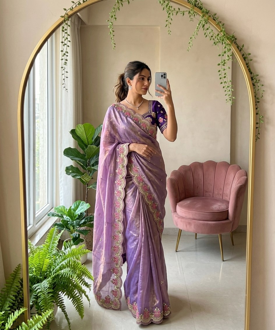Lavender Fendy Satin Silk Saree with Blouse