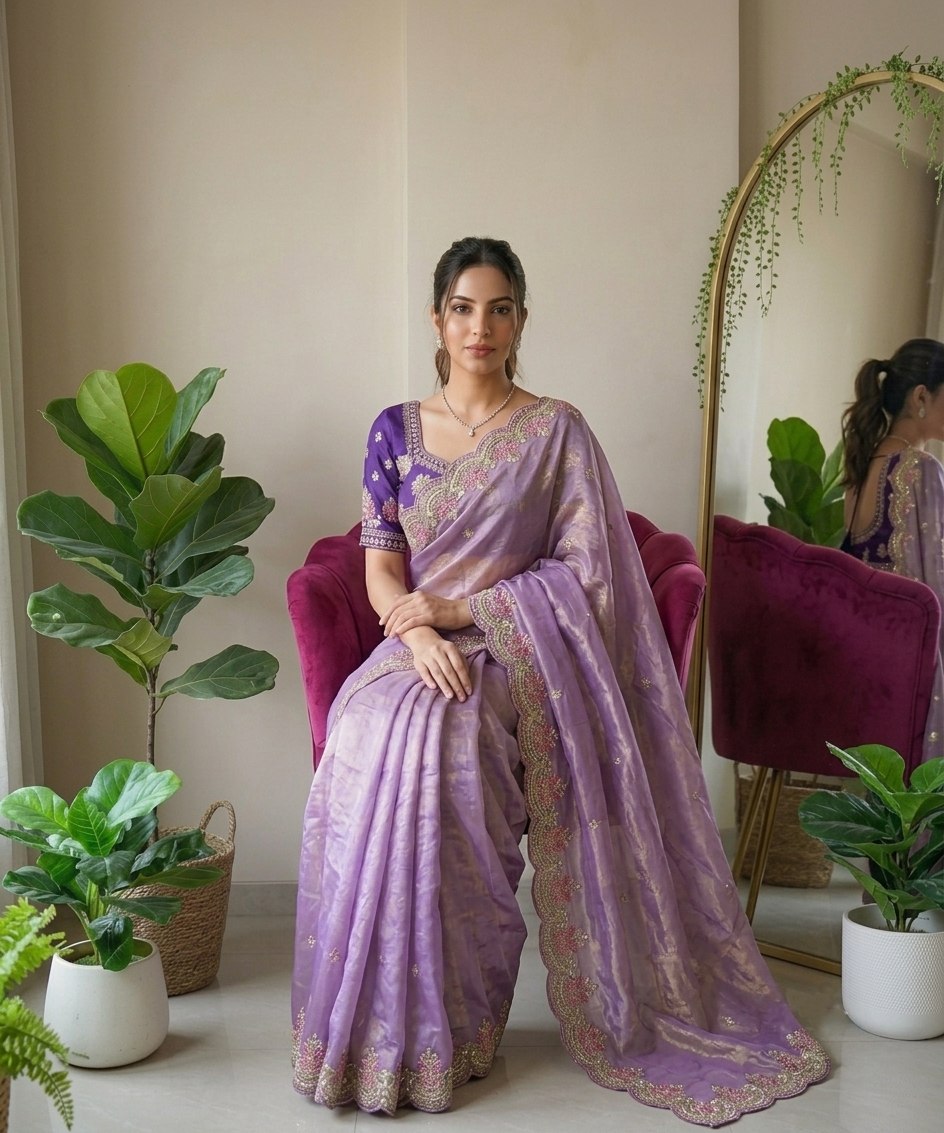 Lavender Fendy Satin Silk Saree with Blouse