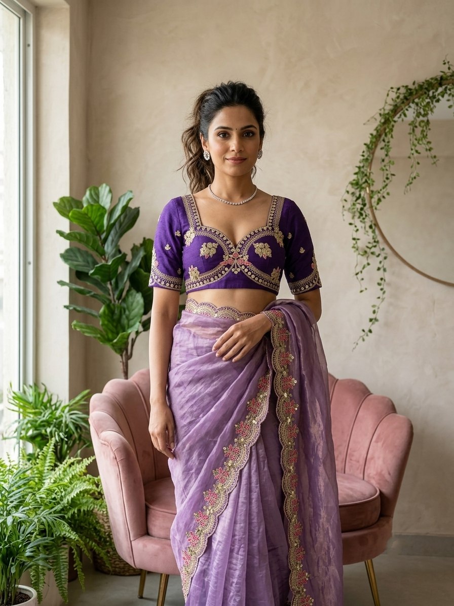 Lavender Fendy Satin Silk Saree with Blouse