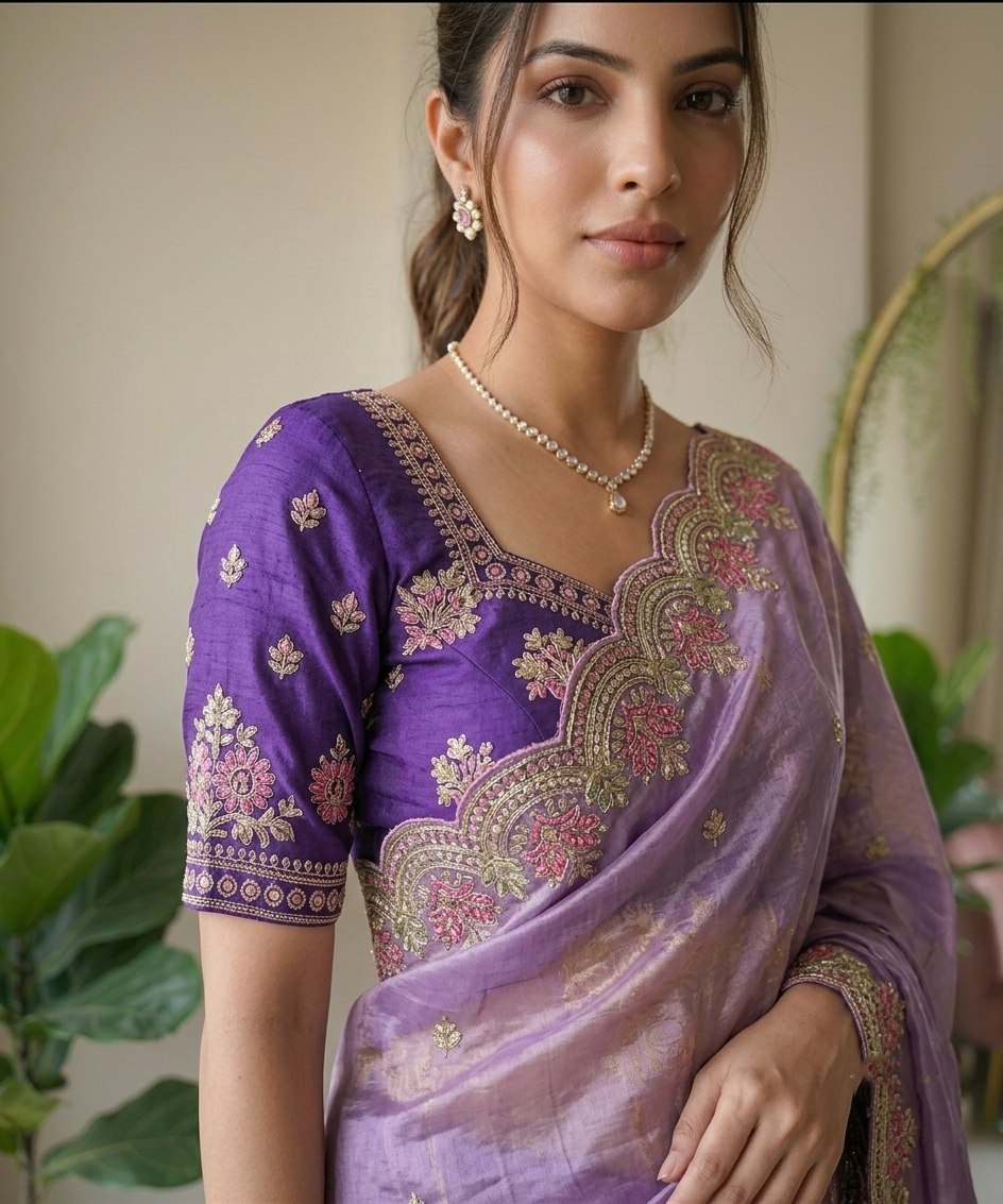 Lavender Fendy Satin Silk Saree with Blouse