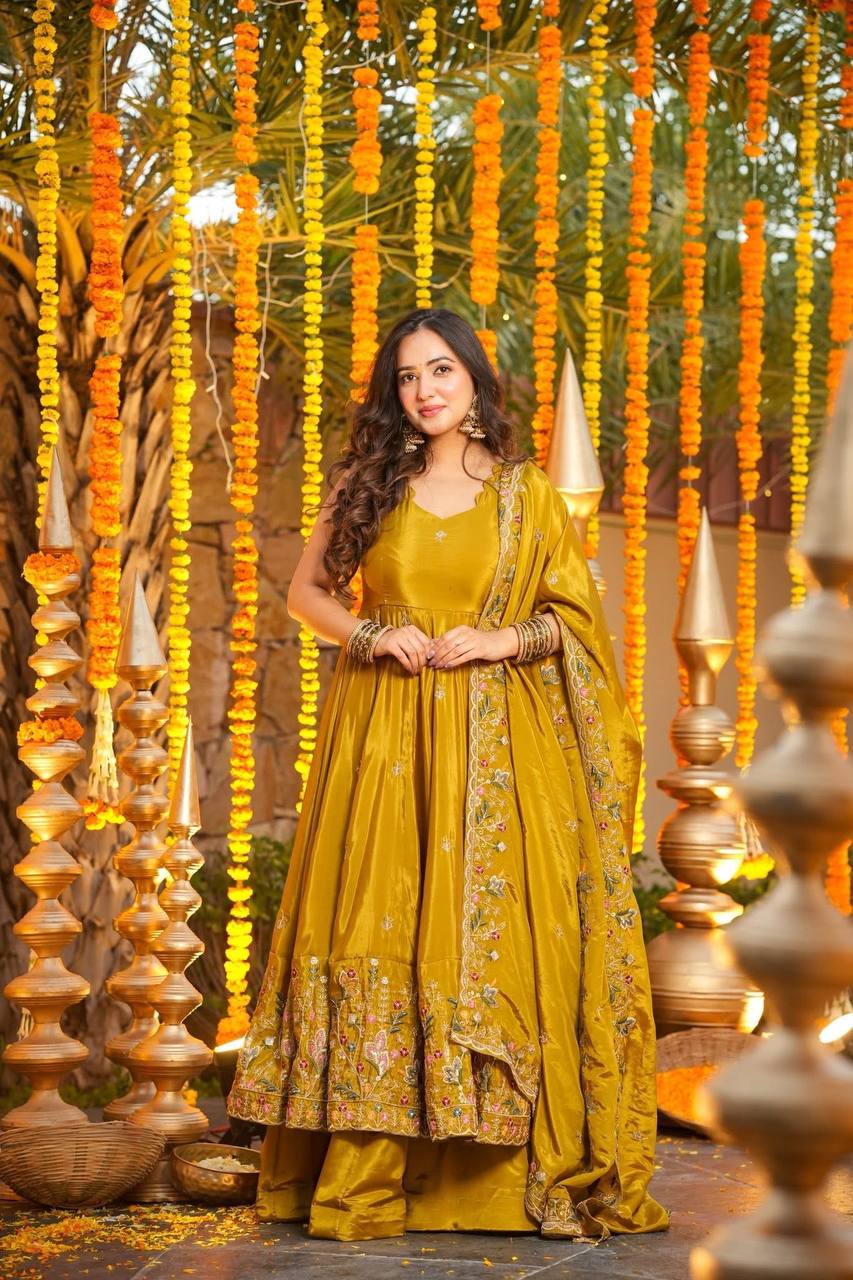 Yellow Silk Sequins Embroidered Anarkali Suit Set [3 PCS]