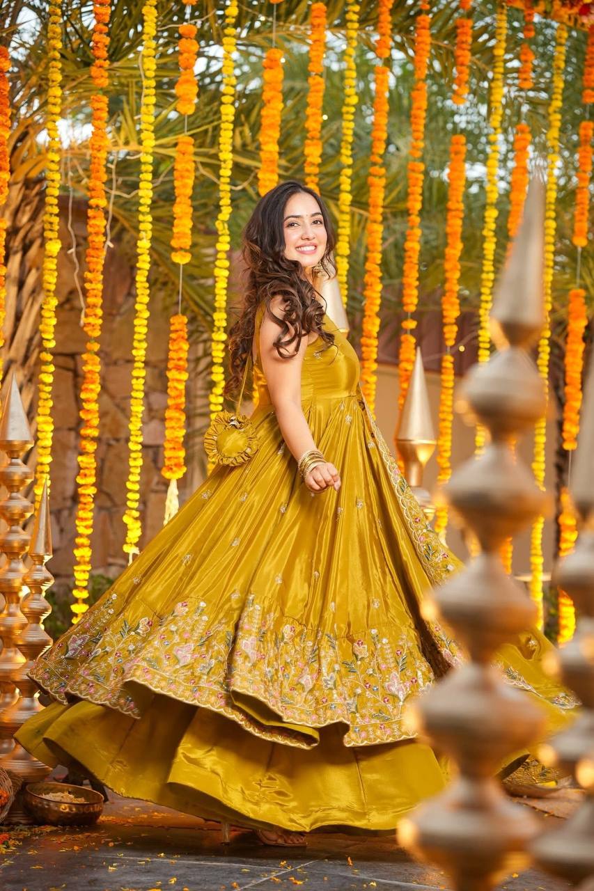 Yellow Silk Sequins Embroidered Anarkali Suit Set [3 PCS]