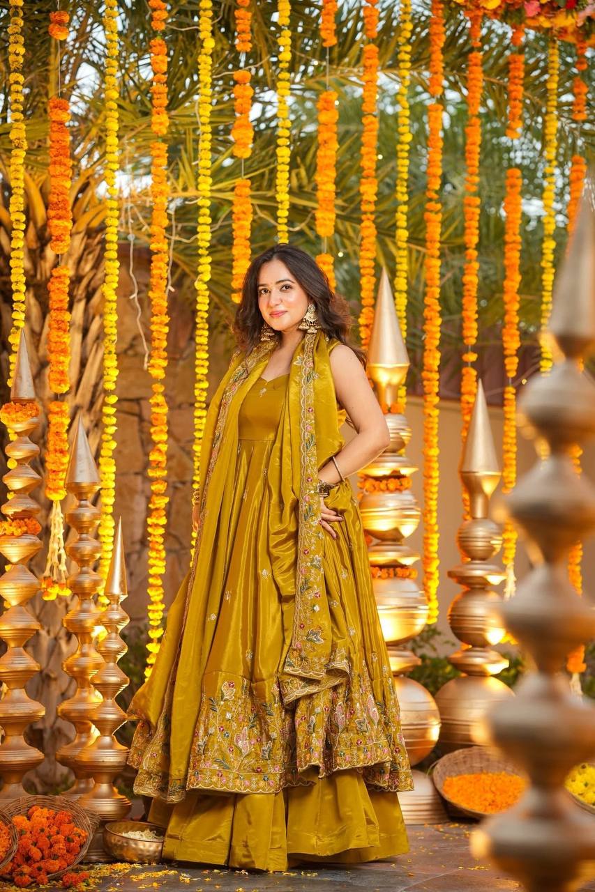 Yellow Silk Sequins Embroidered Anarkali Suit Set [3 PCS]