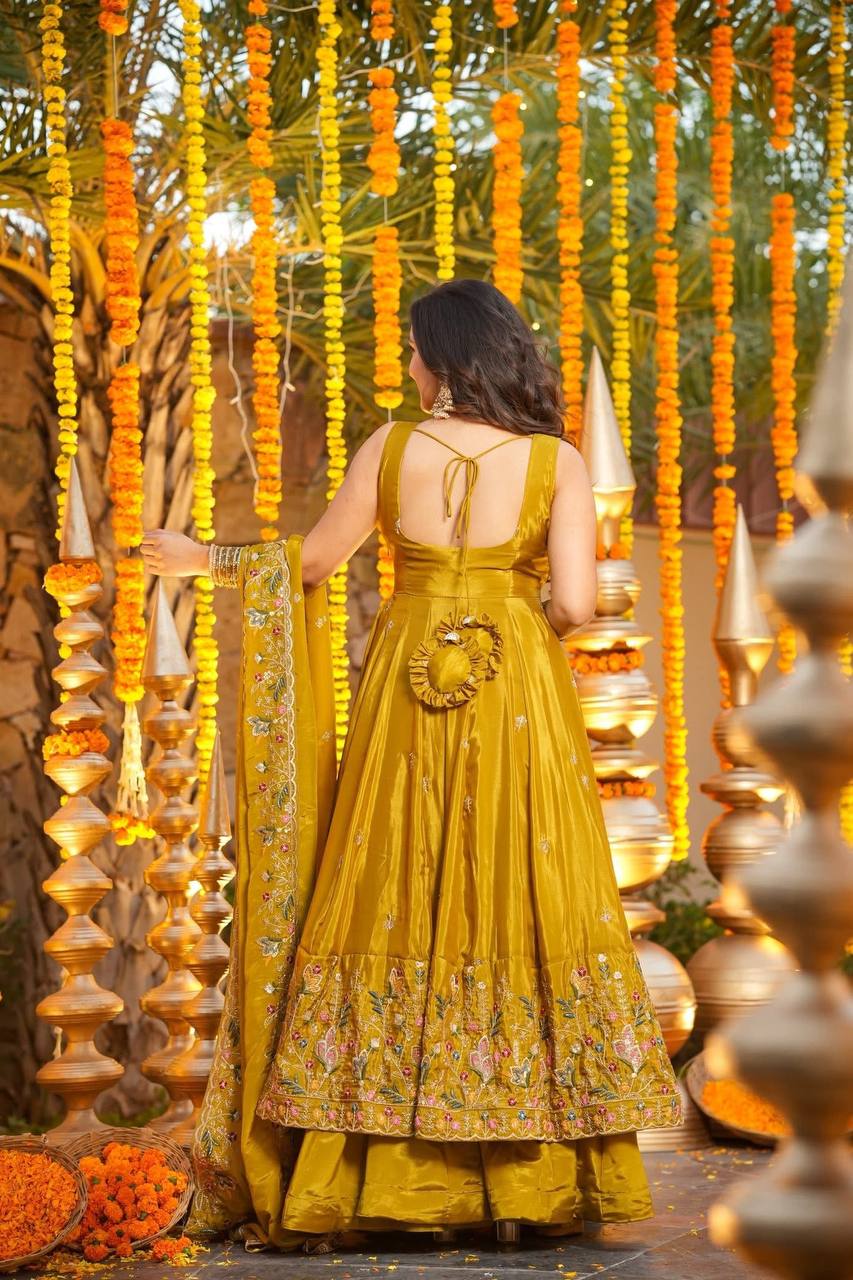 Yellow Silk Sequins Embroidered Anarkali Suit Set [3 PCS]