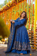 Blue Silk Sequins Embroidered Anarkali Suit Set [3 PCS]