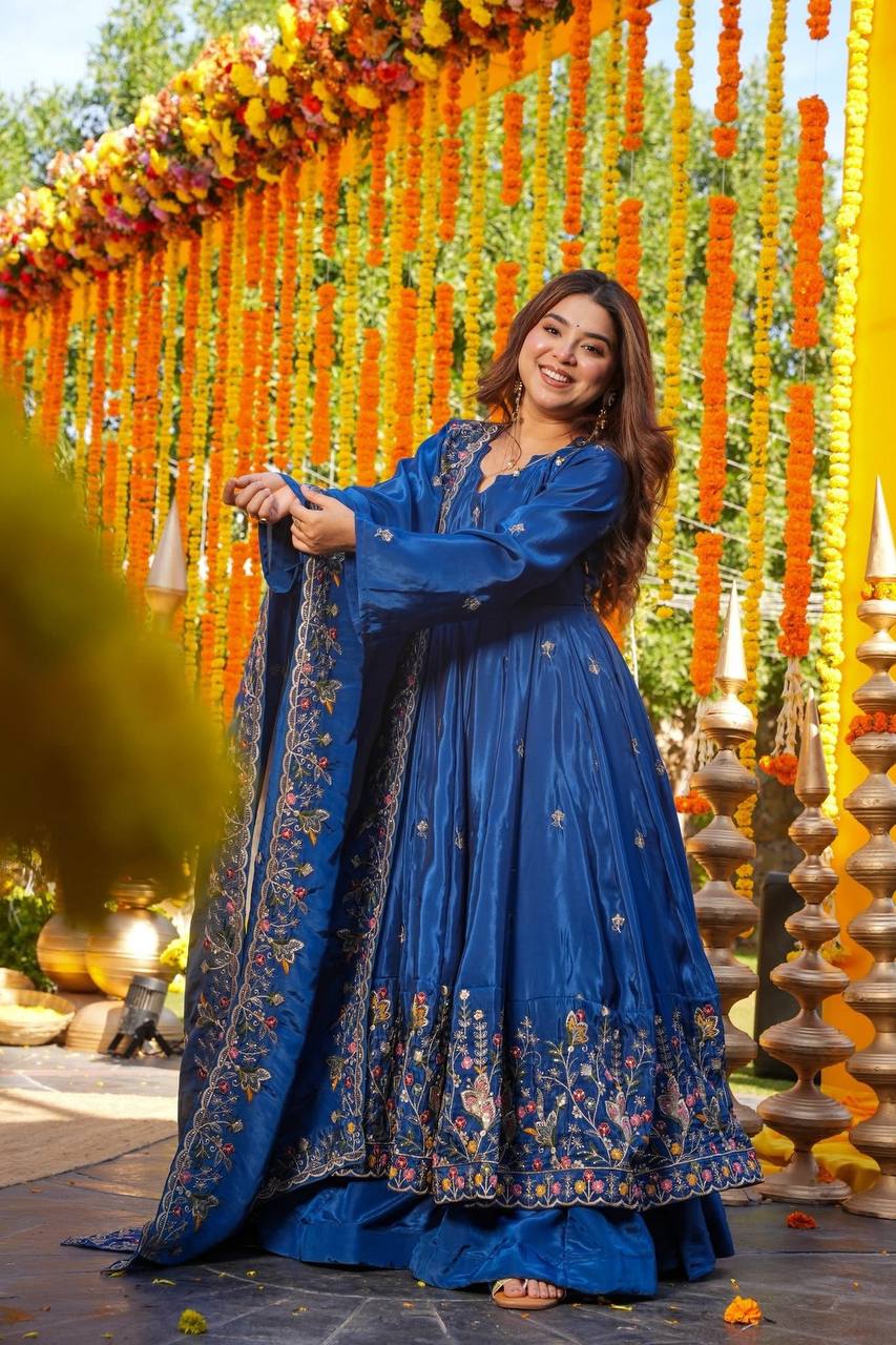 Blue Silk Sequins Embroidered Anarkali Suit Set [3 PCS]