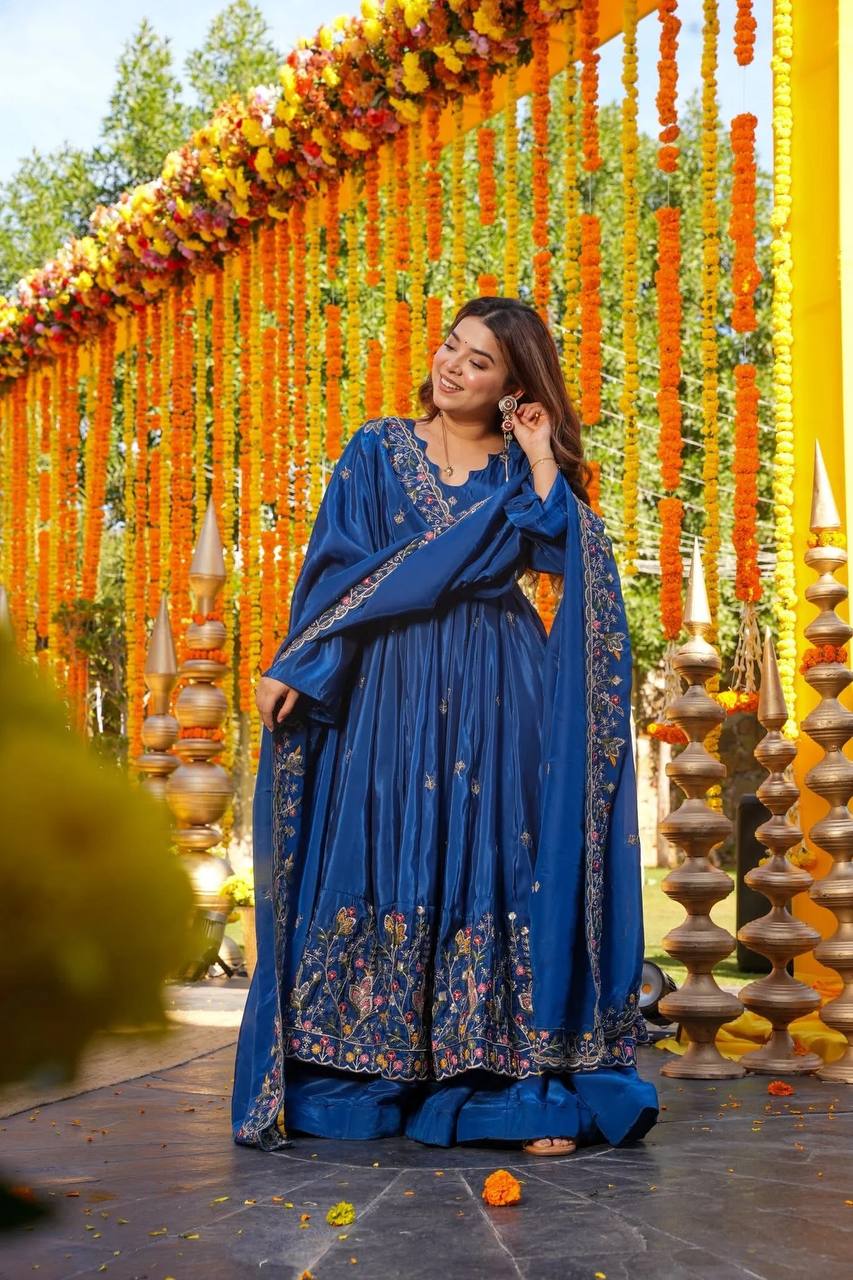Blue Silk Sequins Embroidered Anarkali Suit Set [3 PCS]