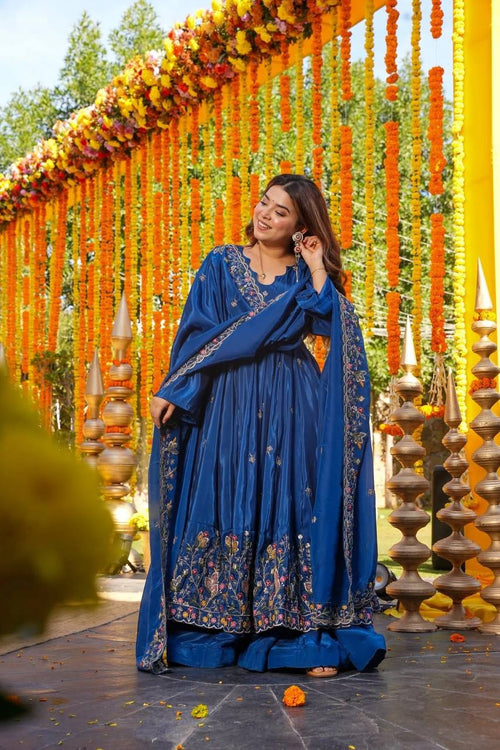 Blue Silk Sequins Embroidered Anarkali Suit Set [3 PCS]