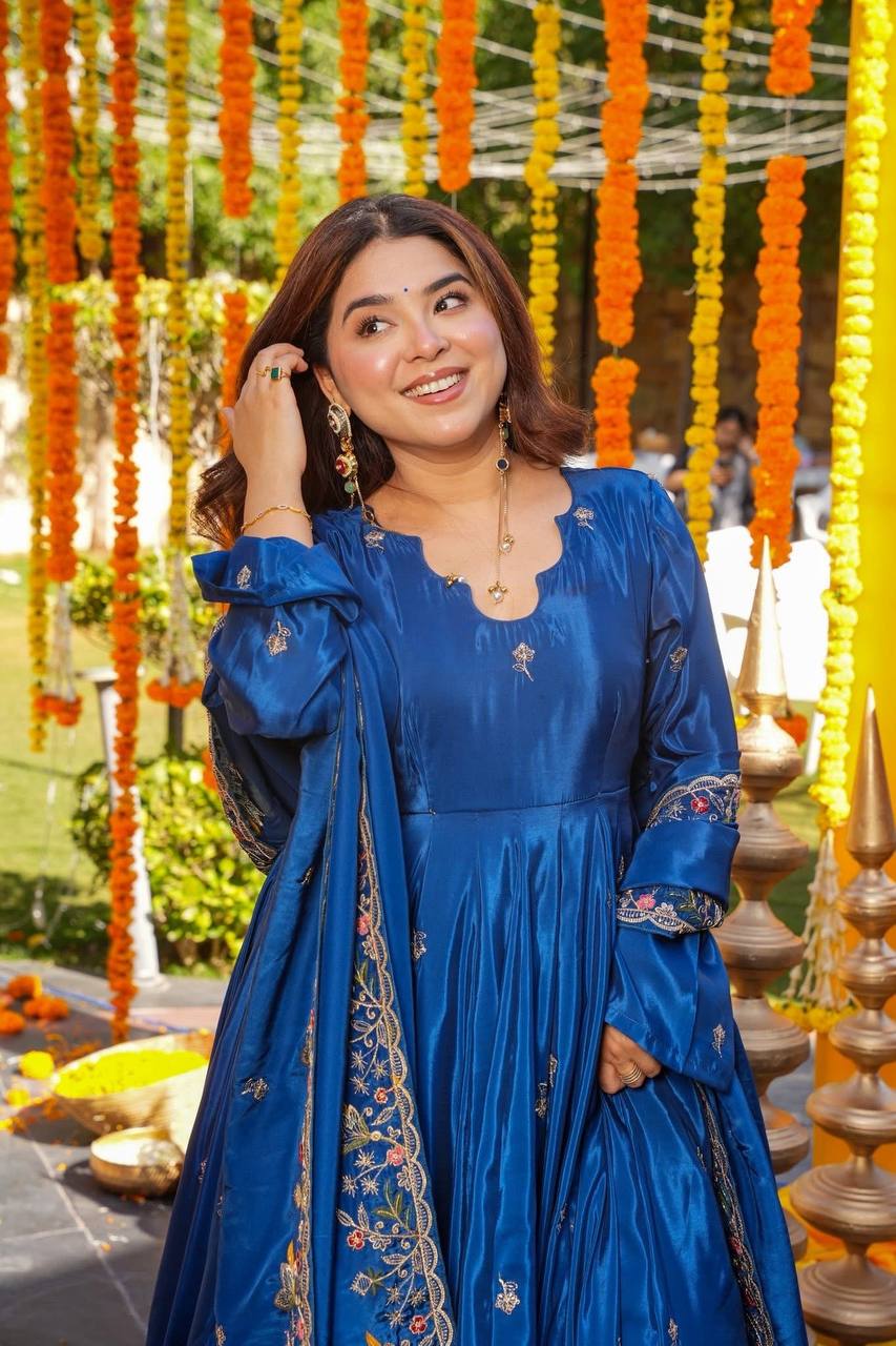 Blue Silk Sequins Embroidered Anarkali Suit Set [3 PCS]