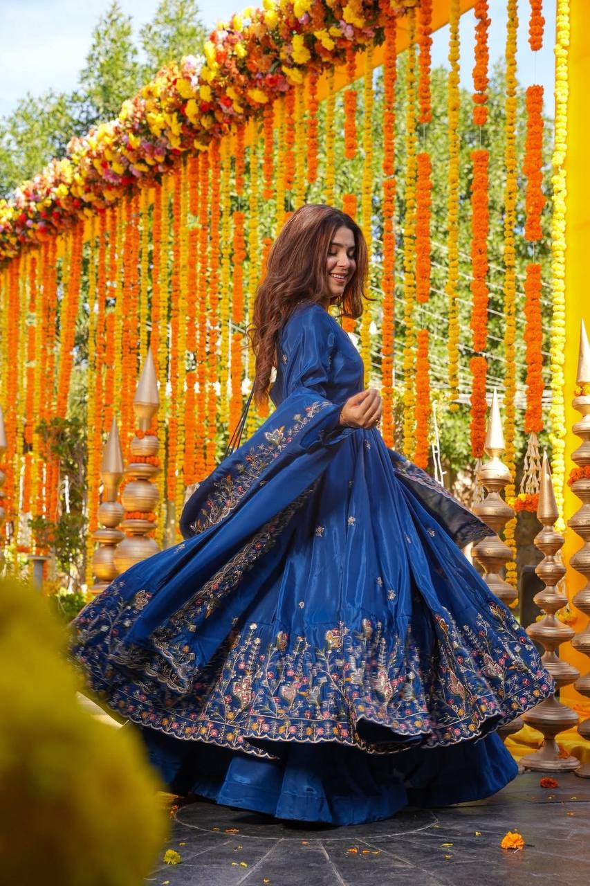 Blue Silk Sequins Embroidered Anarkali Suit Set [3 PCS]