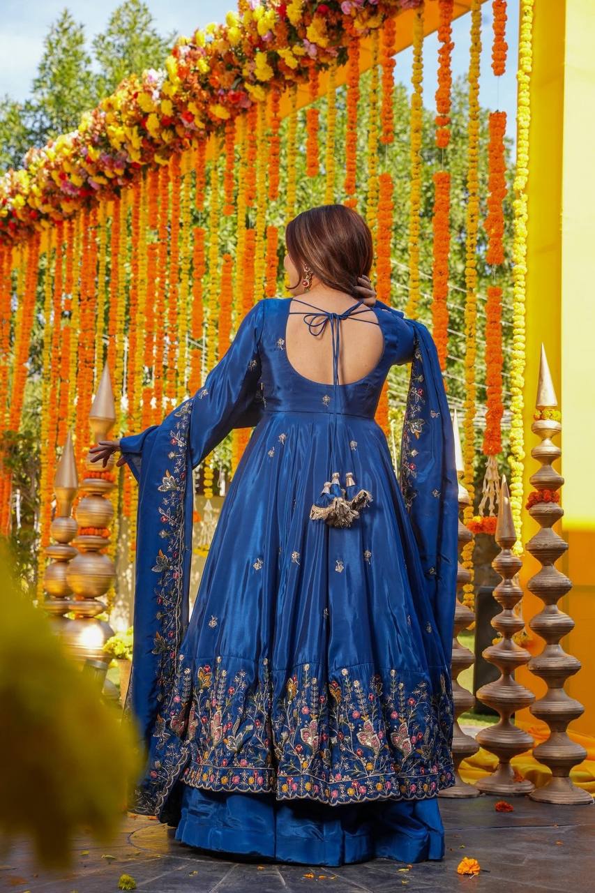 Blue Silk Sequins Embroidered Anarkali Suit Set [3 PCS]