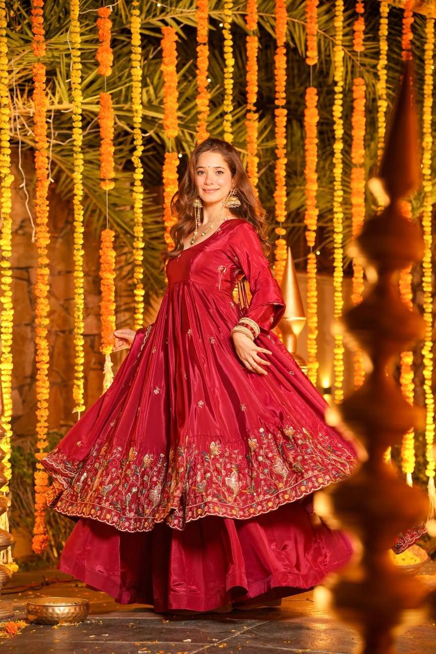Red Silk Sequins Embroidered Anarkali Suit Set [3 PCS]