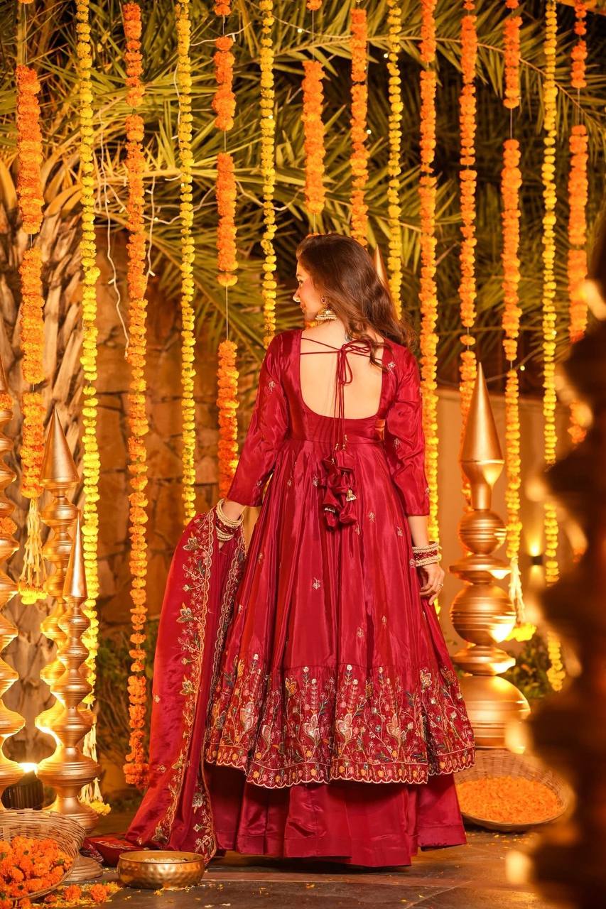 Red Silk Sequins Embroidered Anarkali Suit Set [3 PCS]