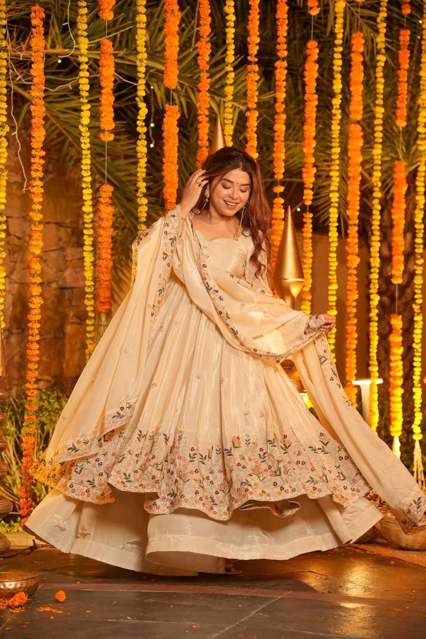 Off White Silk Sequins Embroidered Anarkali Suit Set [3 PCS]