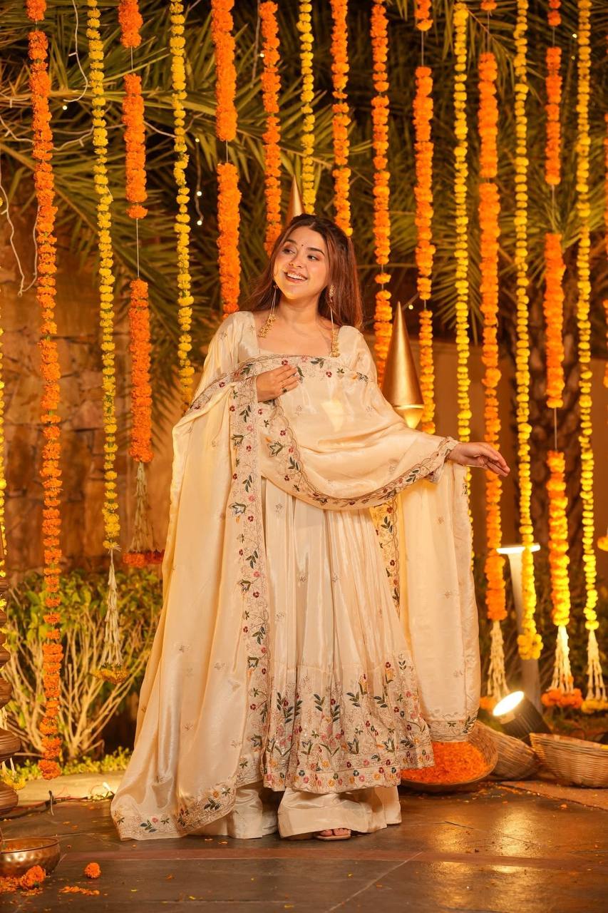 Off White Silk Sequins Embroidered Anarkali Suit Set [3 PCS]