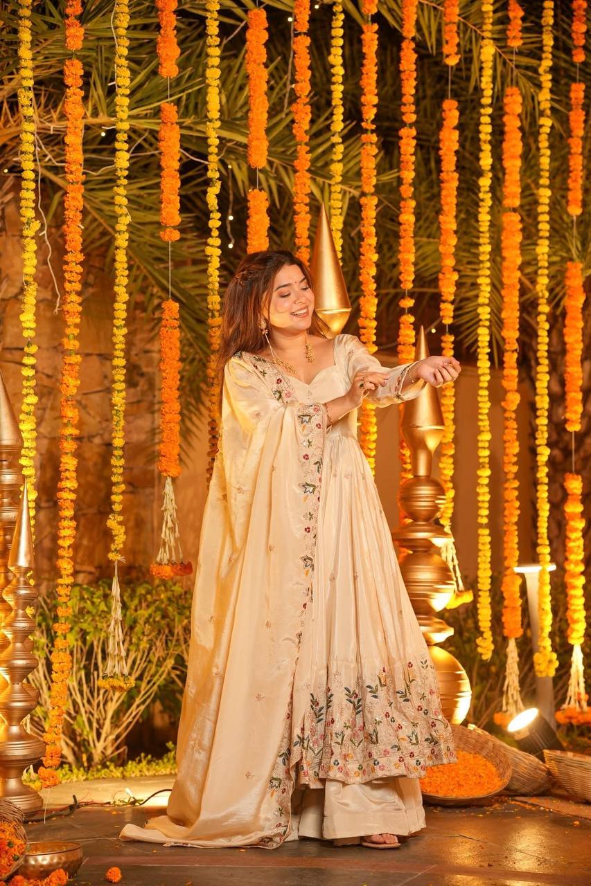 Off White Silk Sequins Embroidered Anarkali Suit Set [3 PCS]