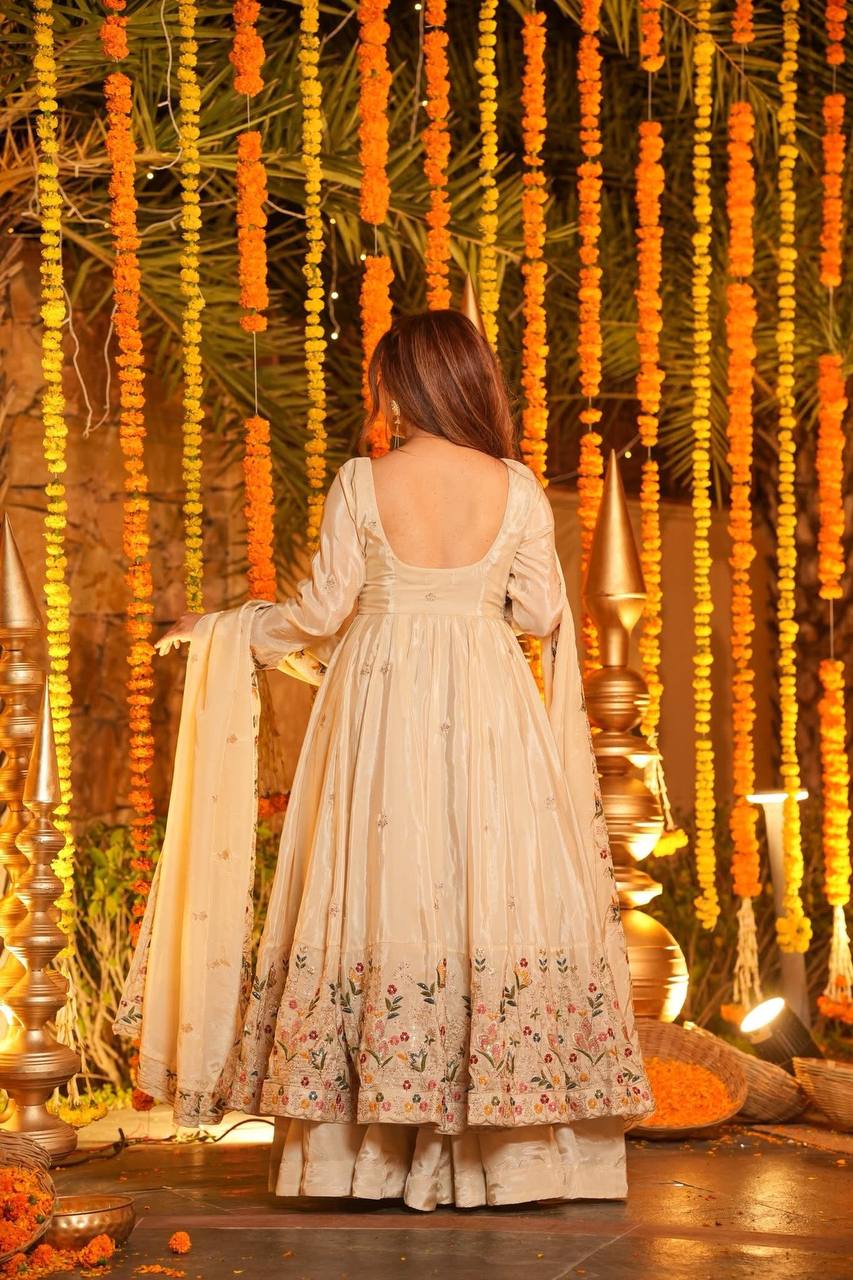 Off White Silk Sequins Embroidered Anarkali Suit Set [3 PCS]