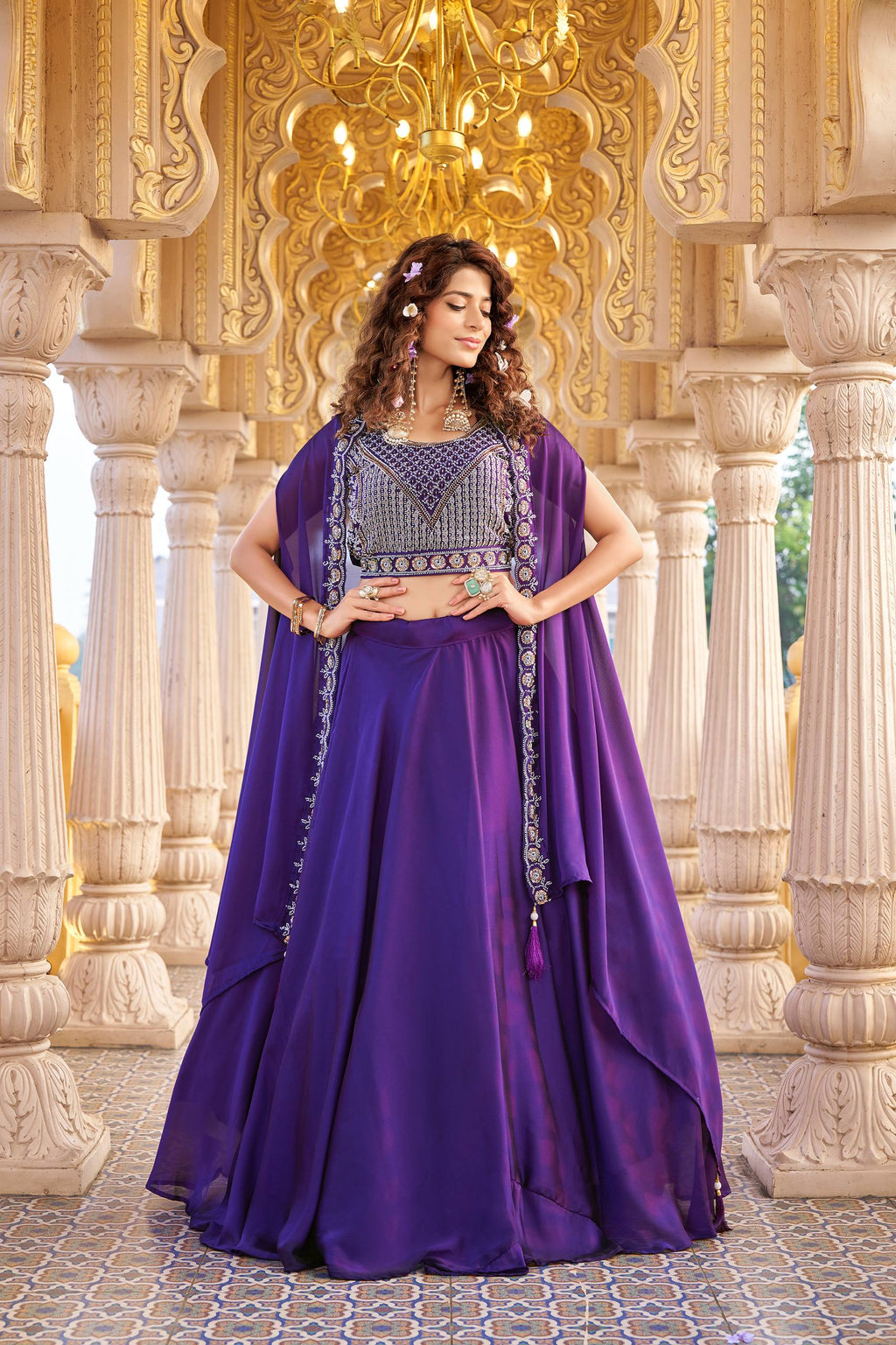 Purple Rangoli Silk Wedding Lehenga Choli Set with Shrug Style Dupatta [3 PCS]