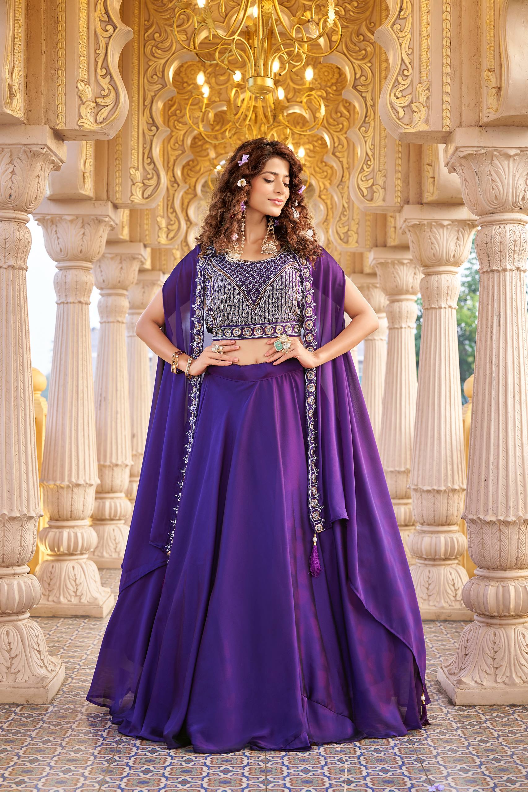 Purple Rangoli Silk Wedding Lehenga Choli Set with Shrug Style Dupatta [3 PCS]