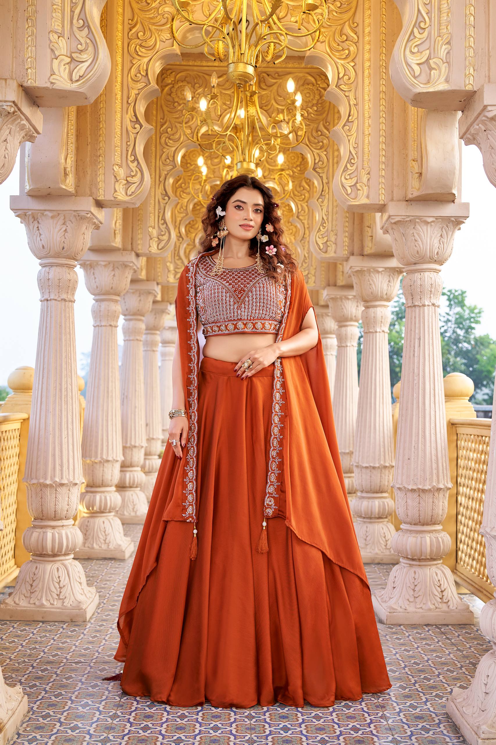 Orange Rangoli Silk Wedding Lehenga Choli Set with Shrug Style Dupatta [3 PCS]