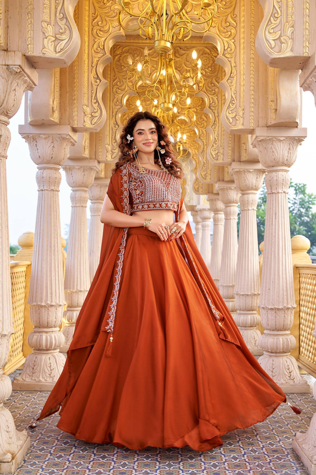 Orange Rangoli Silk Wedding Lehenga Choli Set with Shrug Style Dupatta [3 PCS]