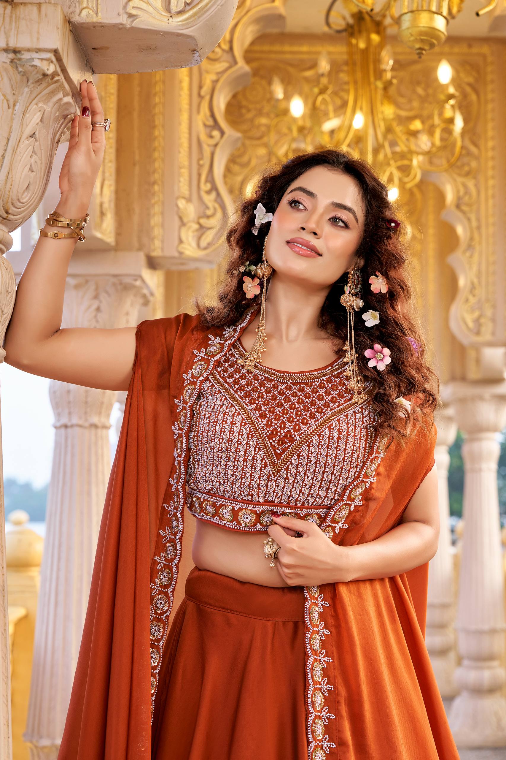Orange Rangoli Silk Wedding Lehenga Choli Set with Shrug Style Dupatta [3 PCS]