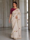 White Fendy Satin Silk Designer Saree with Blouse
