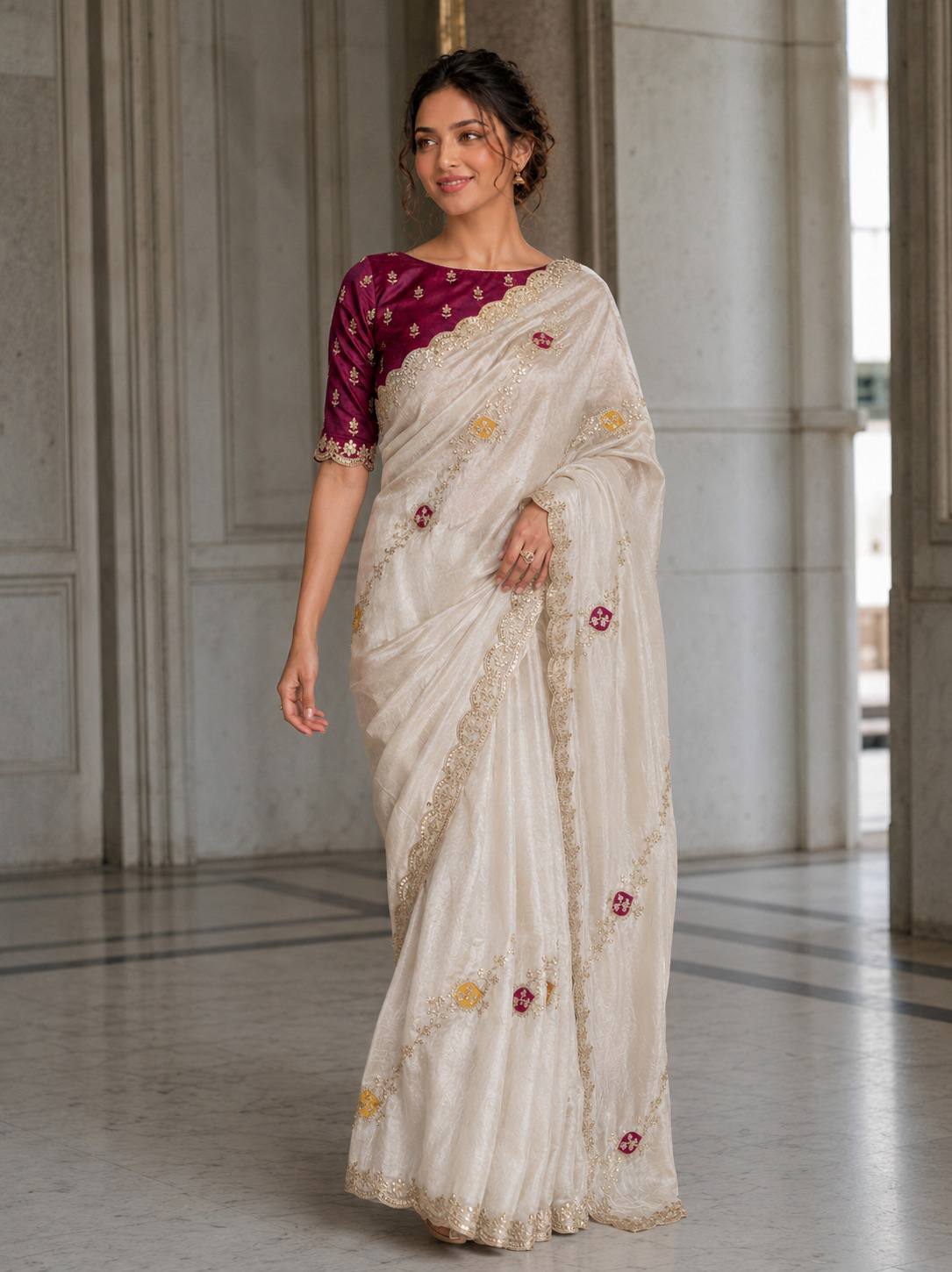White Fendy Satin Silk Designer Saree with Blouse