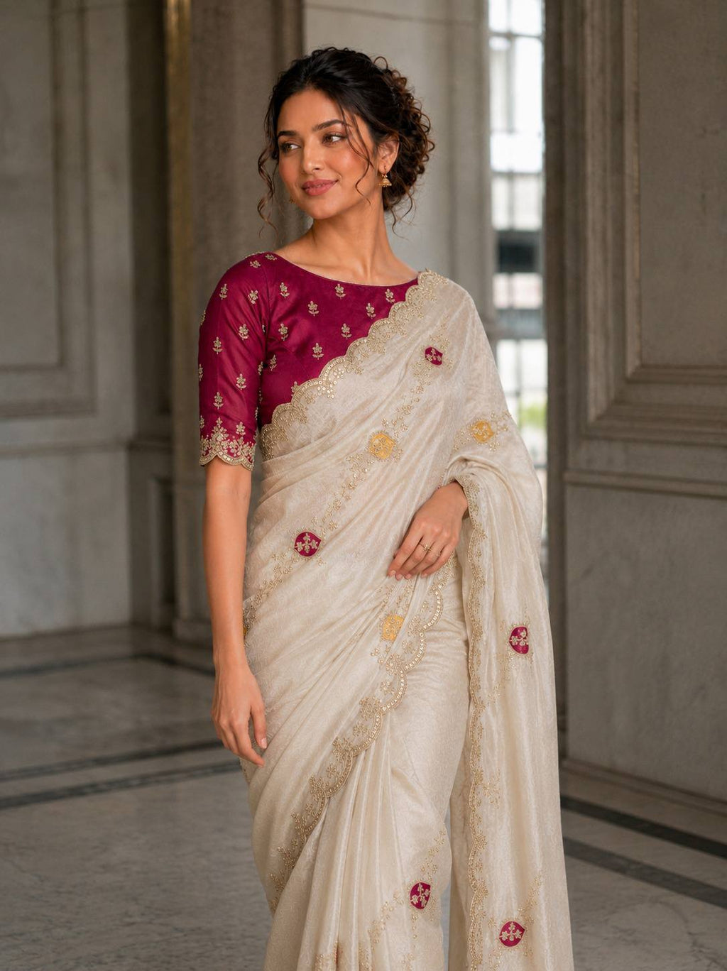 White Fendy Satin Silk Designer Saree with Blouse