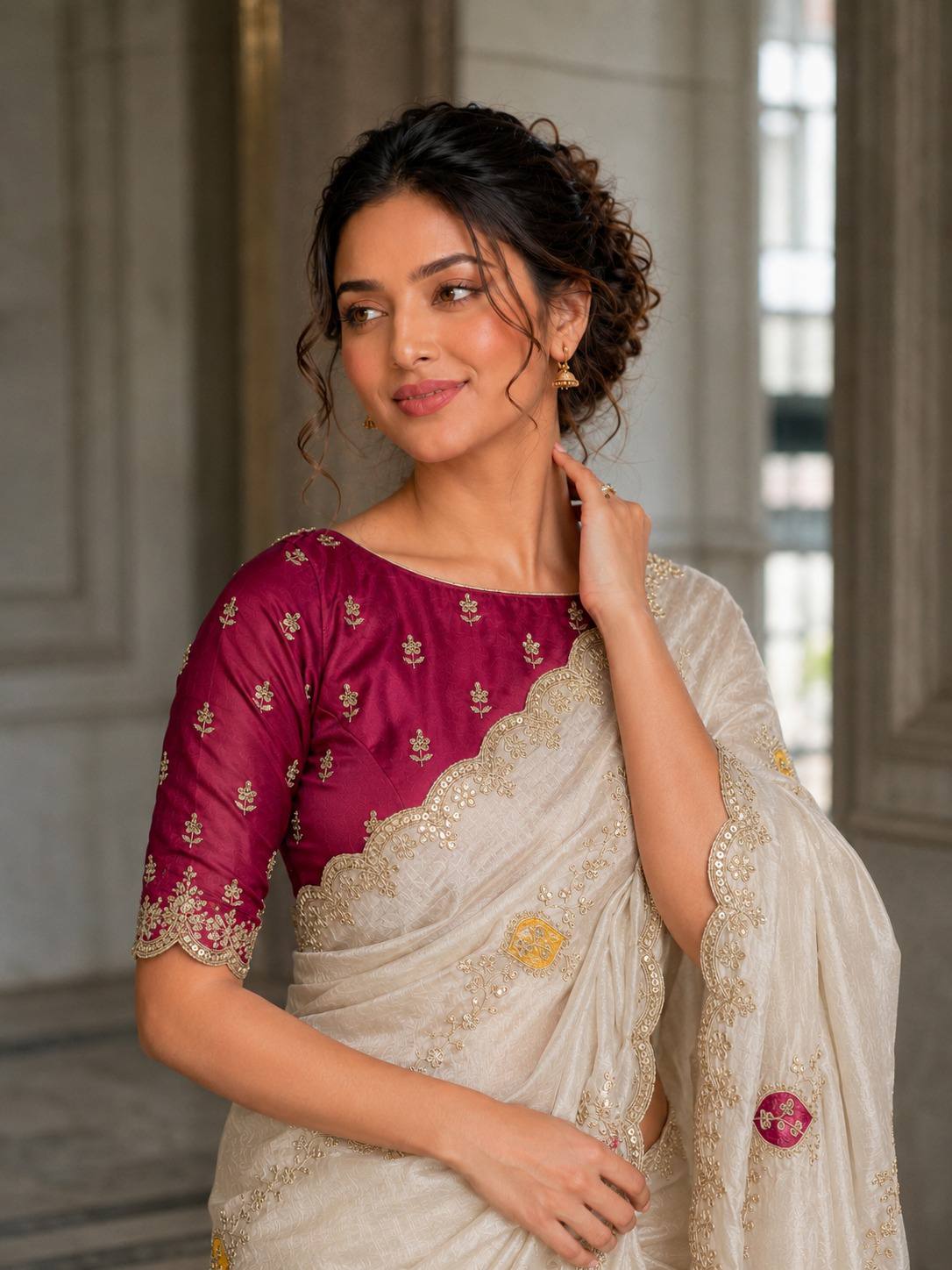 White Fendy Satin Silk Designer Saree with Blouse