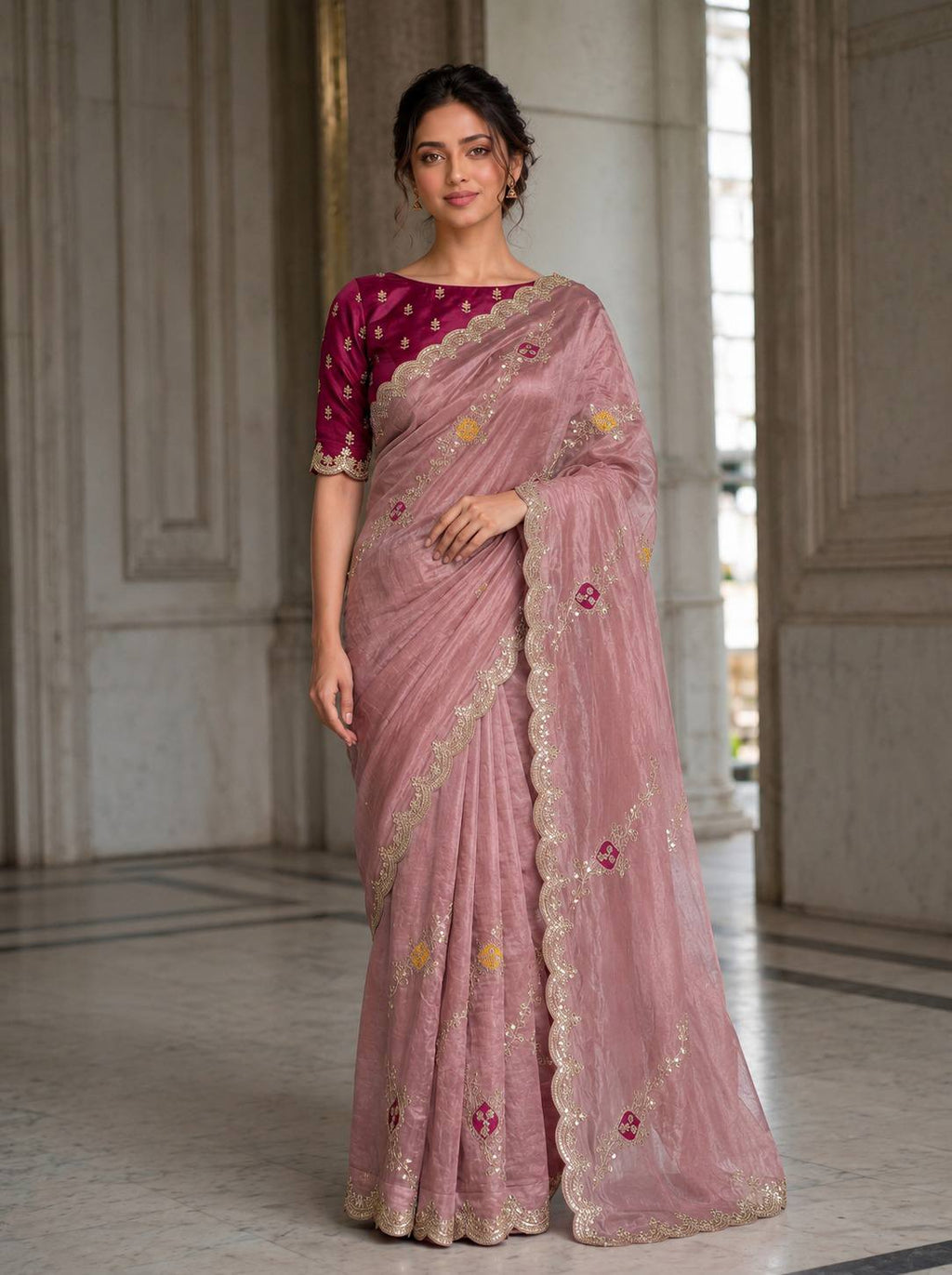 Pink Fendy Satin Silk Designer Saree with Blouse
