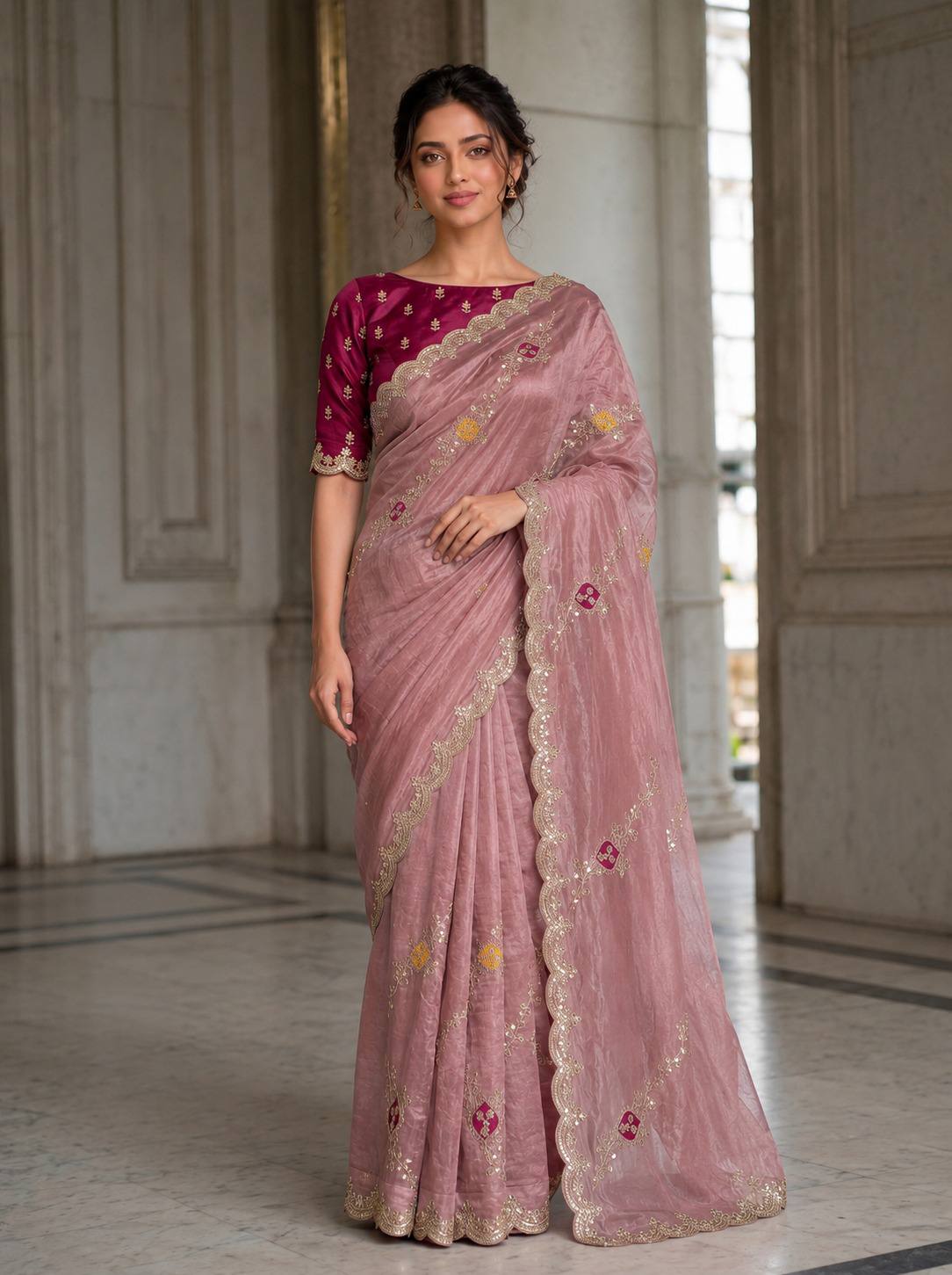 Pink Fendy Satin Silk Designer Saree with Blouse