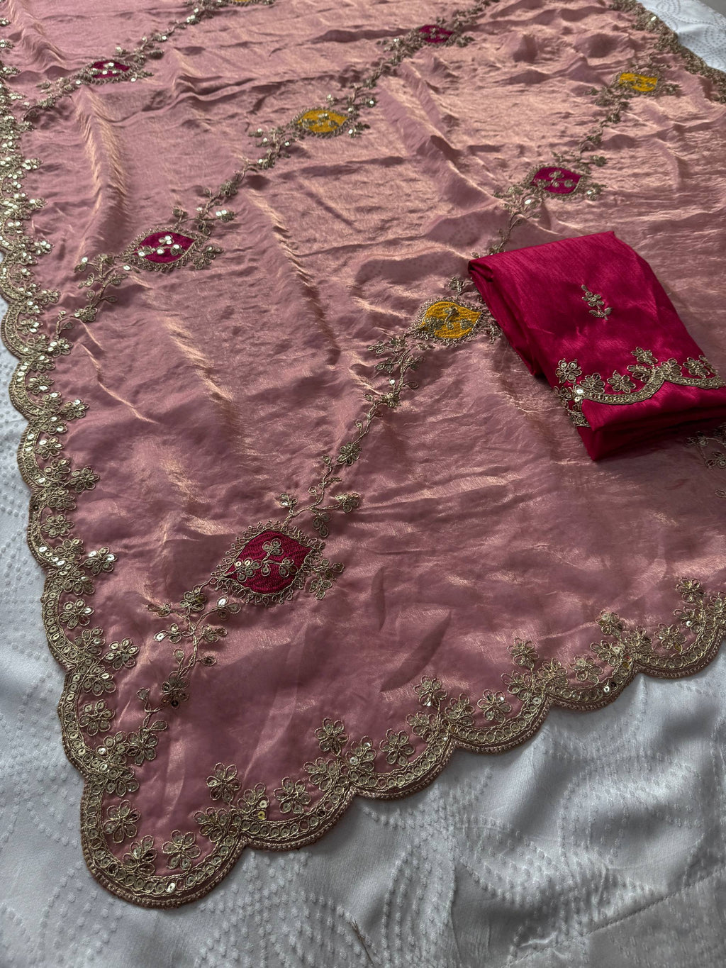 Pink Fendy Satin Silk Designer Saree with Blouse