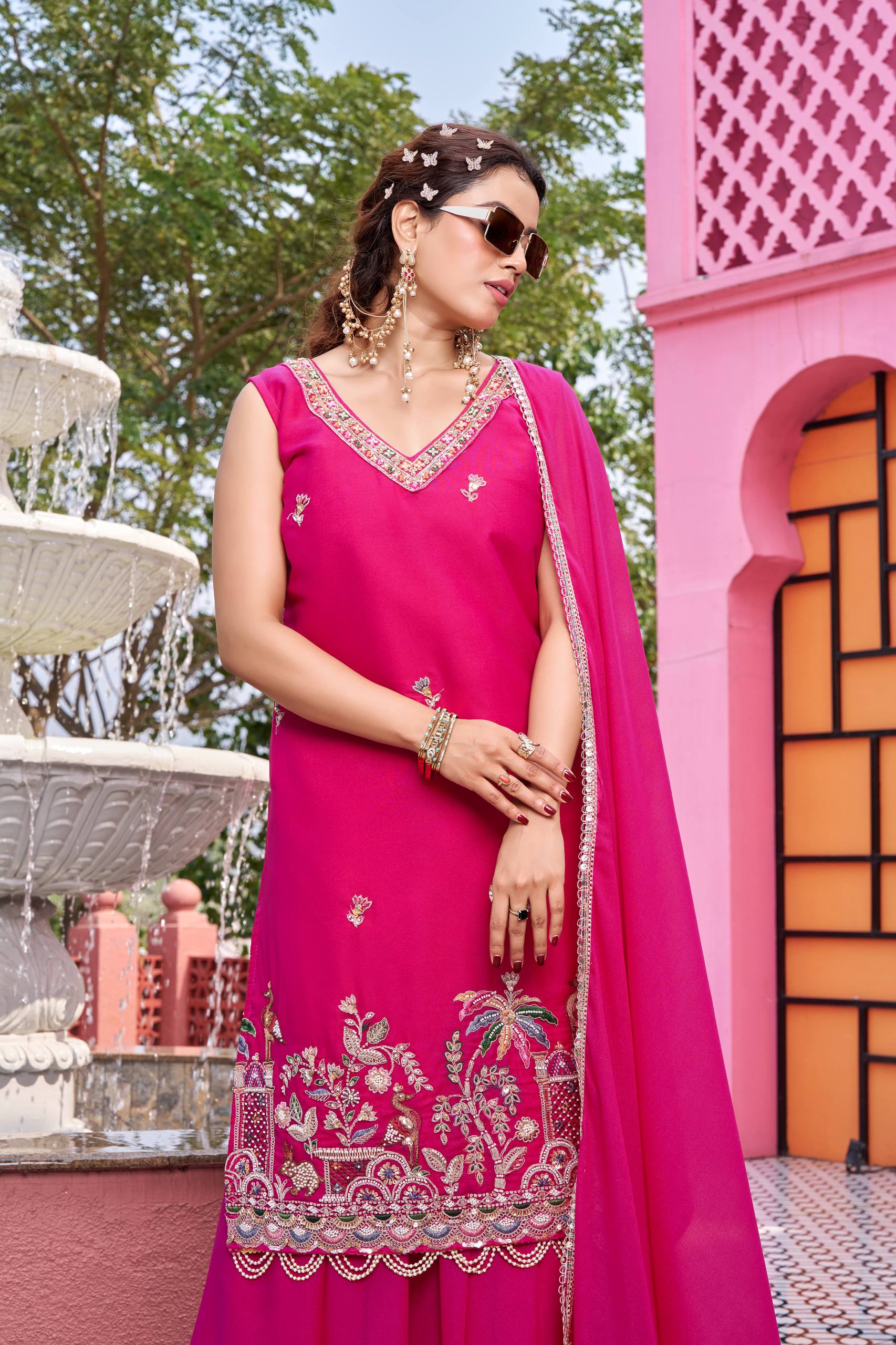 Rani Pink Designer Kurti Plazzo Set with Dupatta [3 PCS]