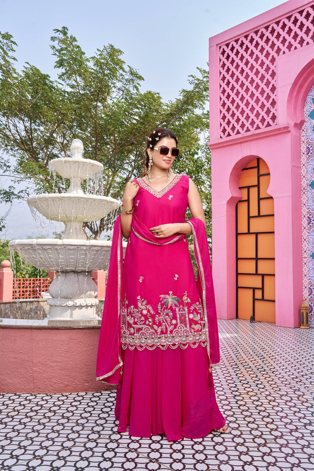 Rani Pink Designer Kurti Plazzo Set with Dupatta [3 PCS]